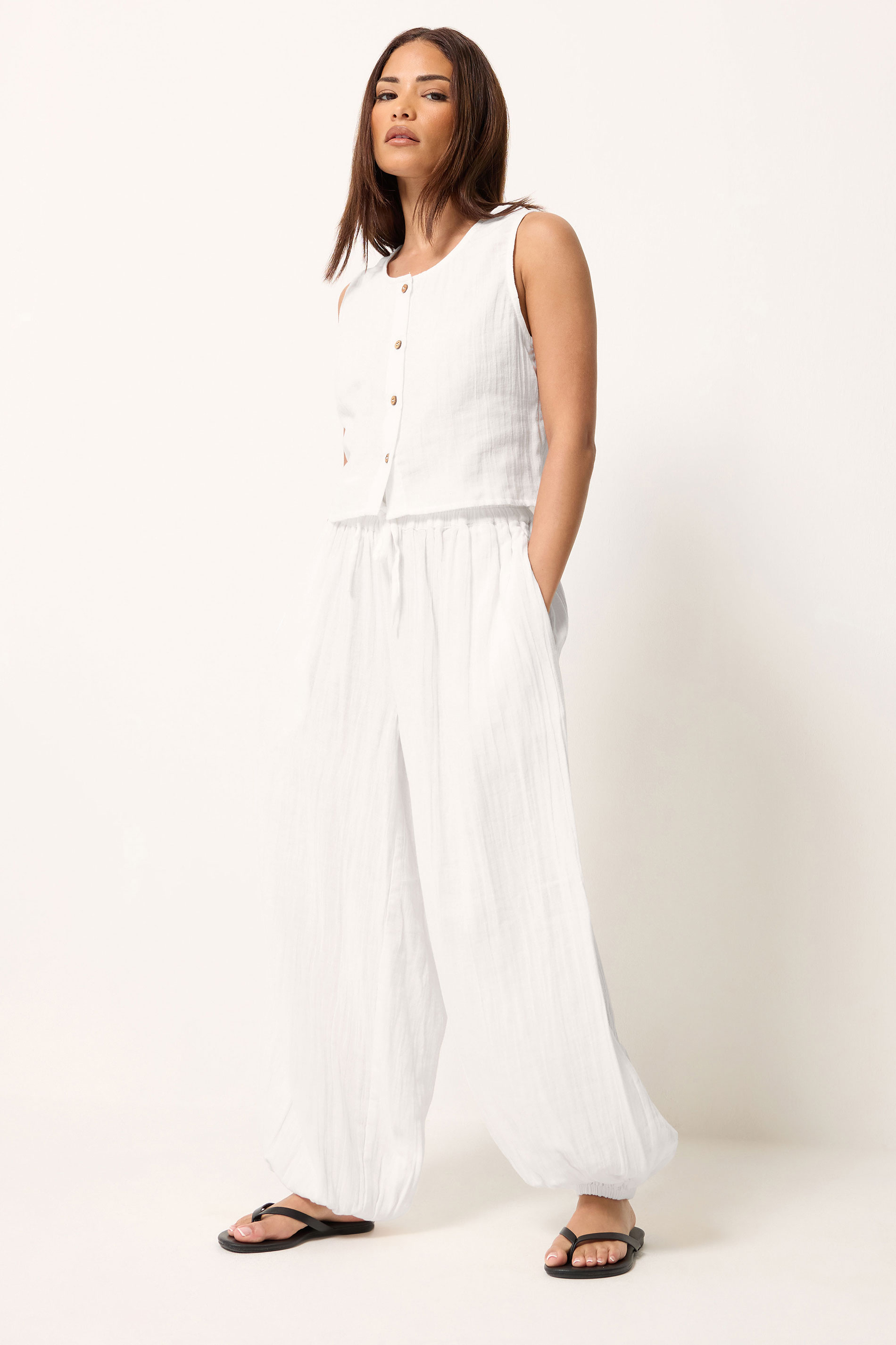 PixieGirl Petite Women's Set White Cotton Cheesecloth Top & Balloon Trousers | PixieGirl 1