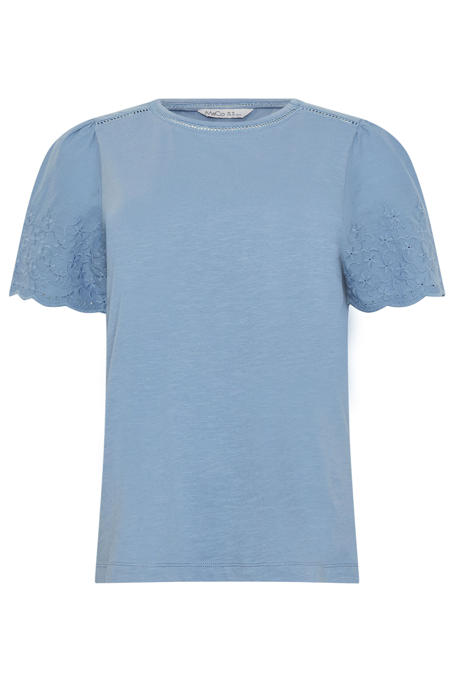 M&Co Light Blue Embroidered Sleeve Cotton T-Shirt | M&Co 5