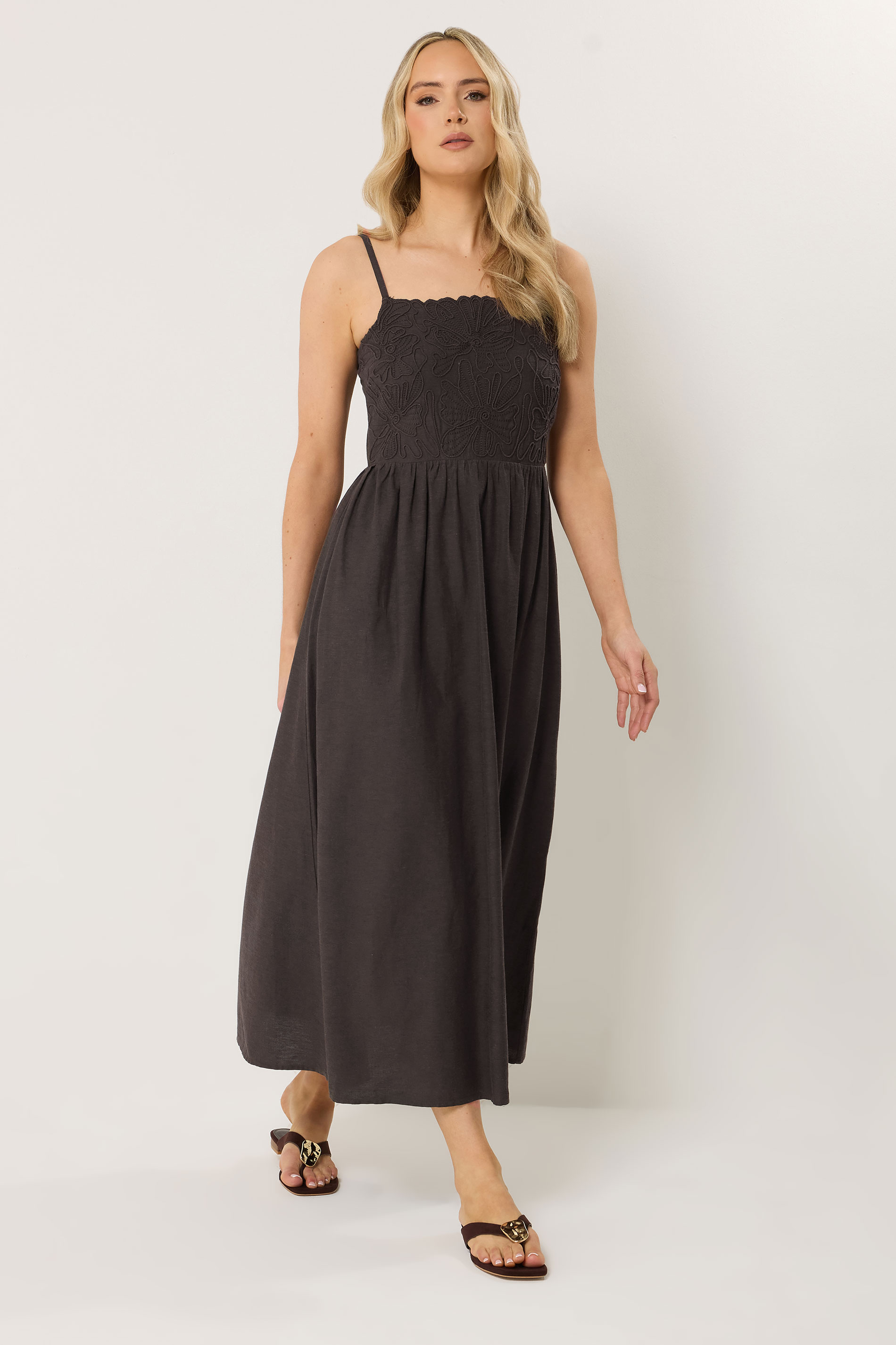 LTS Tall Women's Chocolate Brown Linen Embroidered Midi Dress | Long Tall Sally 2