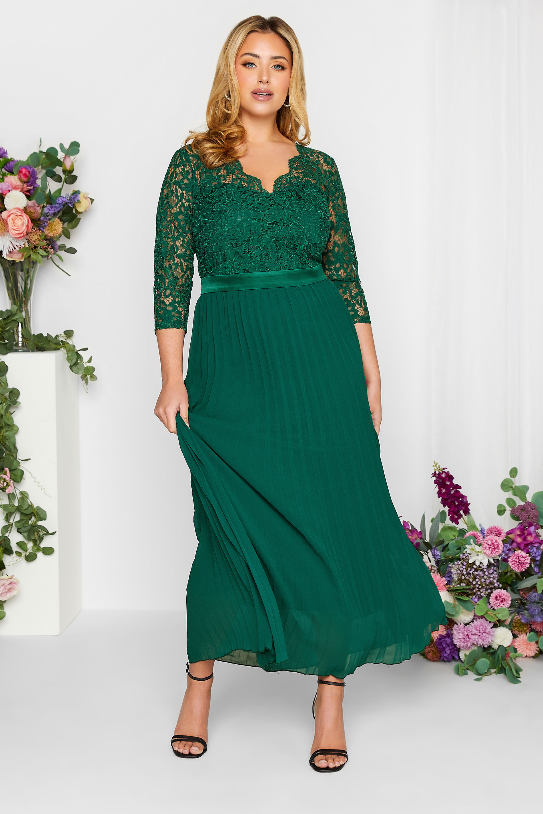 Plus Size YOURS LONDON Forest Green Lace Pleated Maxi Dress | Yours Clothing  2