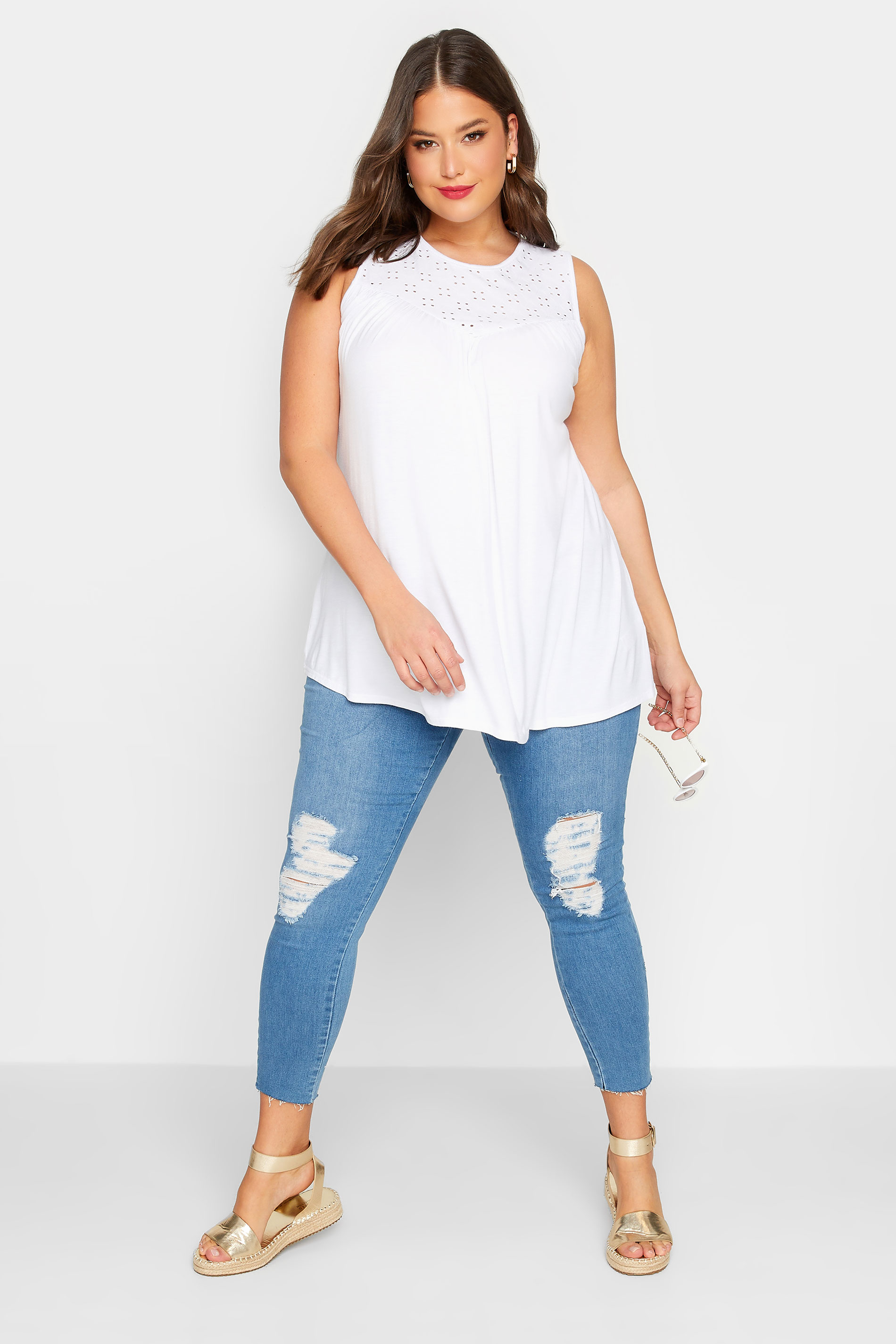 LIMITED COLLECTION Plus Size White Broderie Anglaise Insert Vest Top | Yours Clothing 2