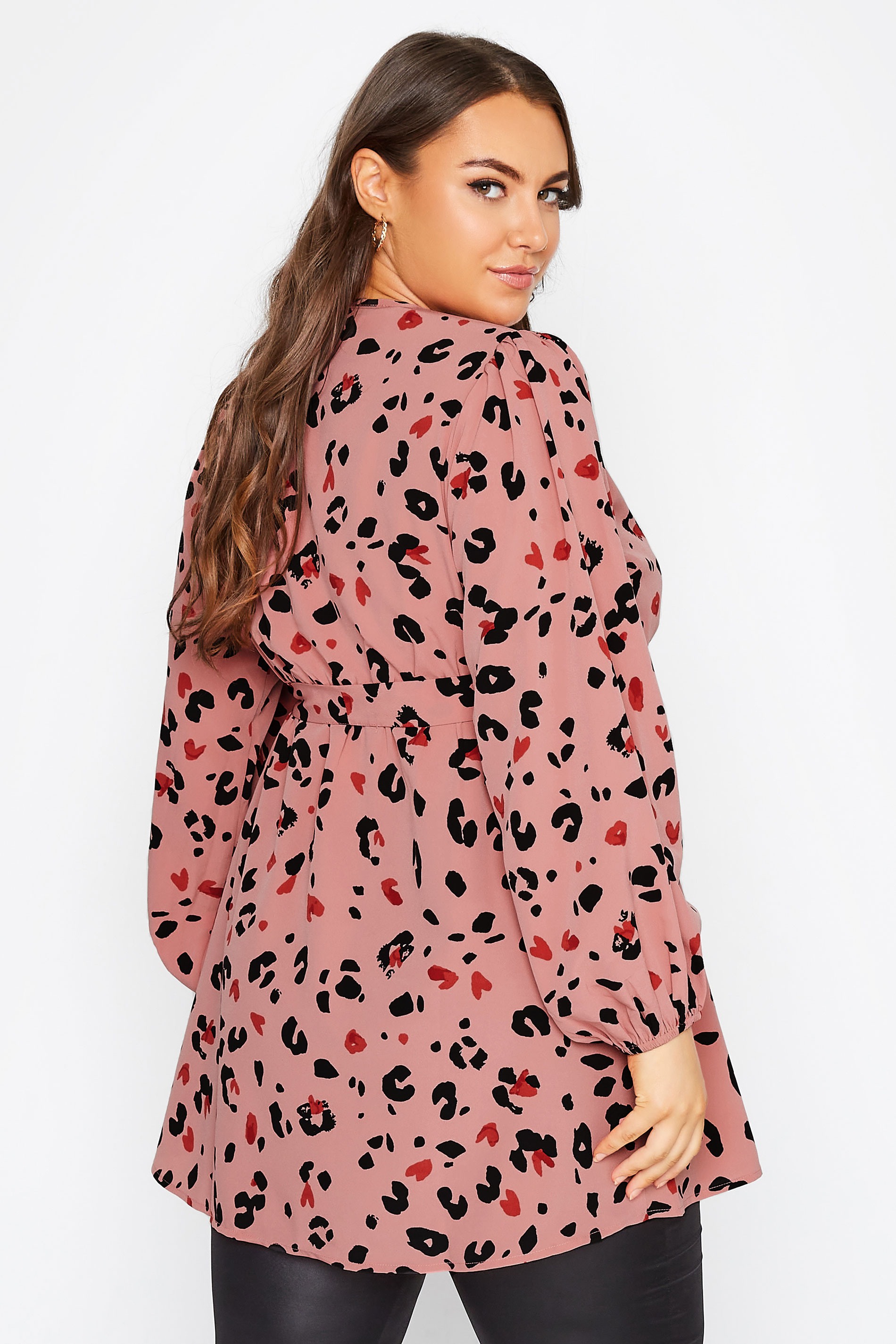 Curve Pink Leopard Print Balloon Sleeve Wrap Top | Yours Clothing 3