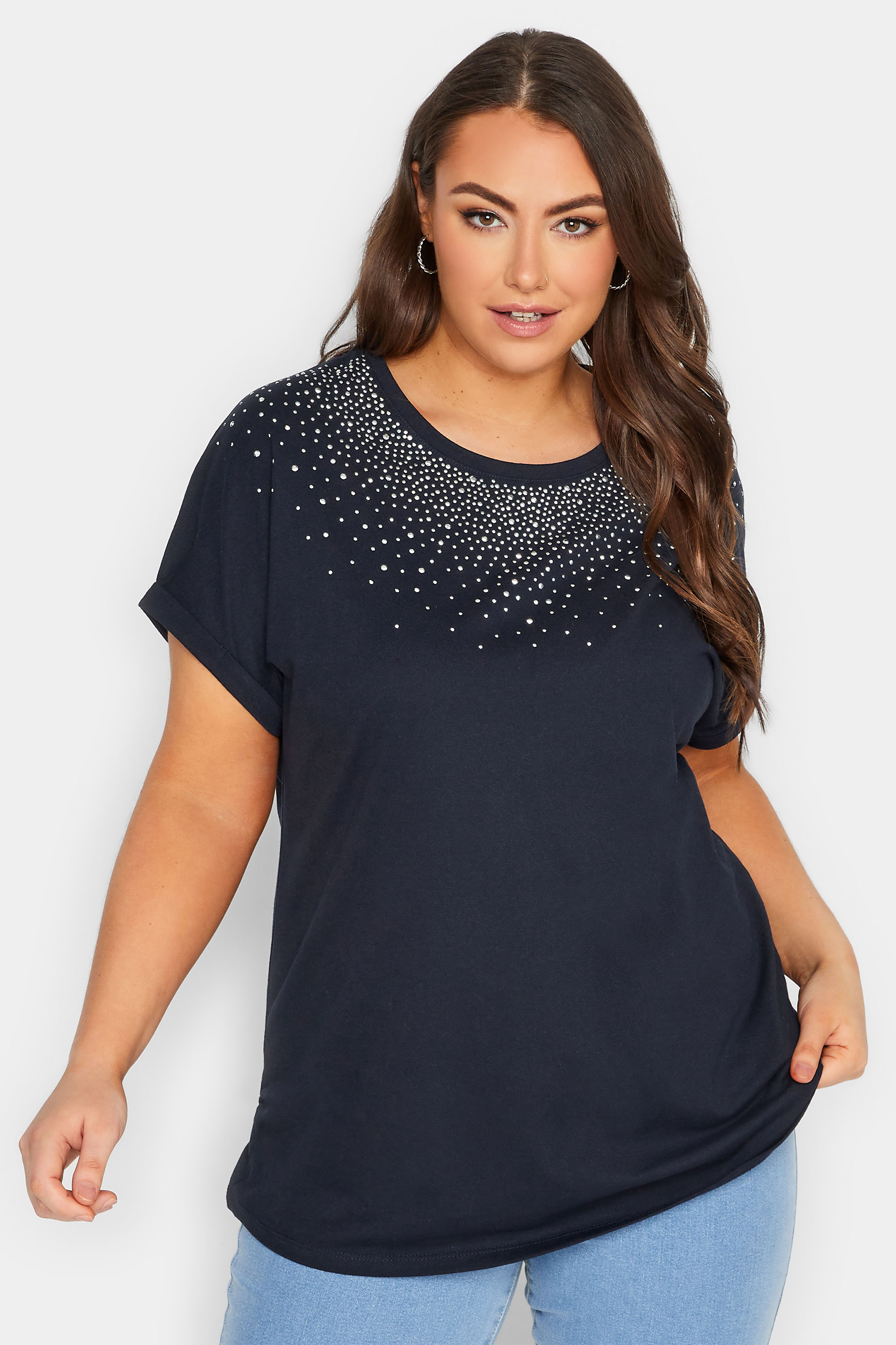 YOURS Plus Size Curve Navy Blue Sequin T-Shirt | Yours Clothing  1
