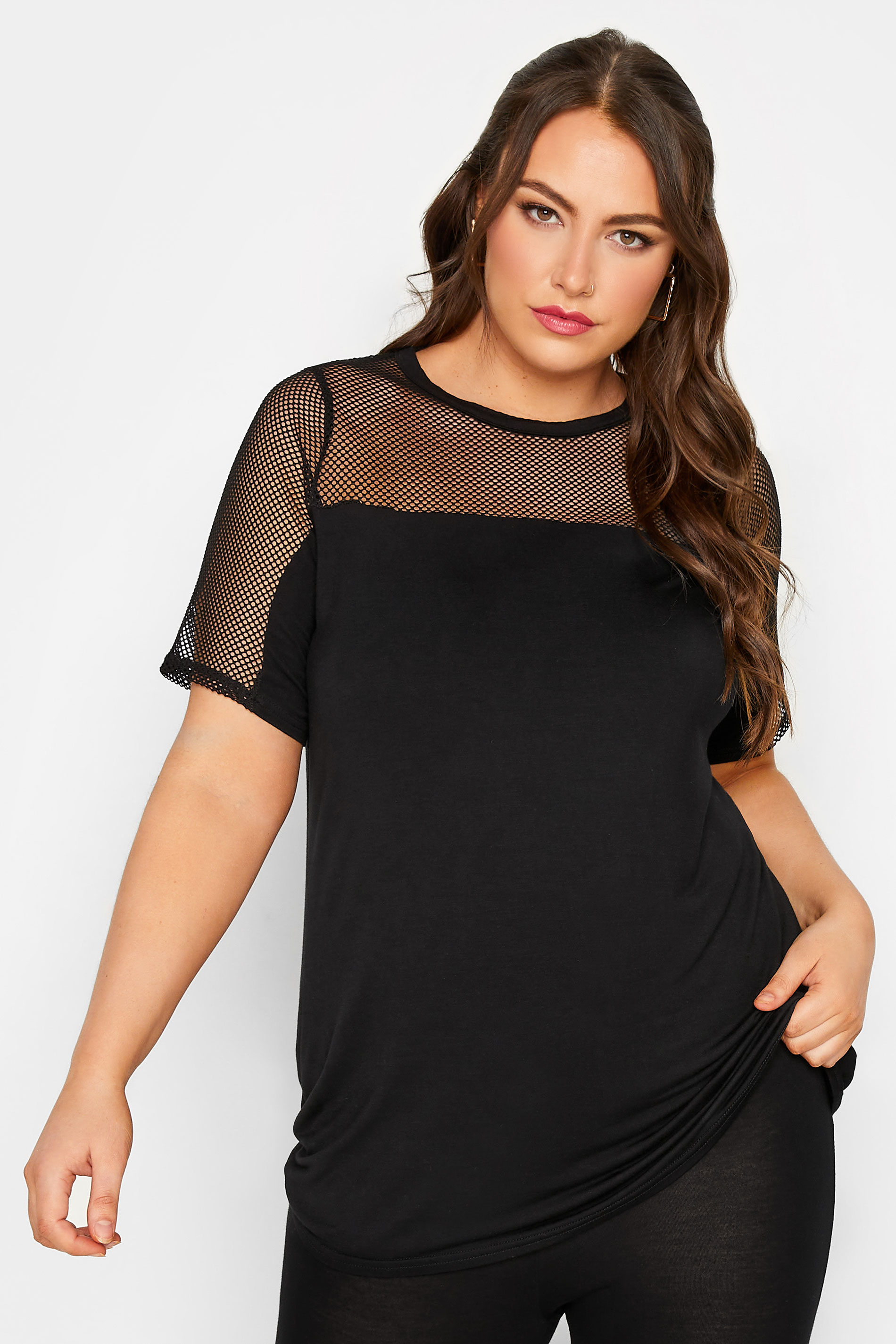 LIMITED COLLECTION Plus Size Black Fishnet Detail T-Shirt | Yours Clothing 1