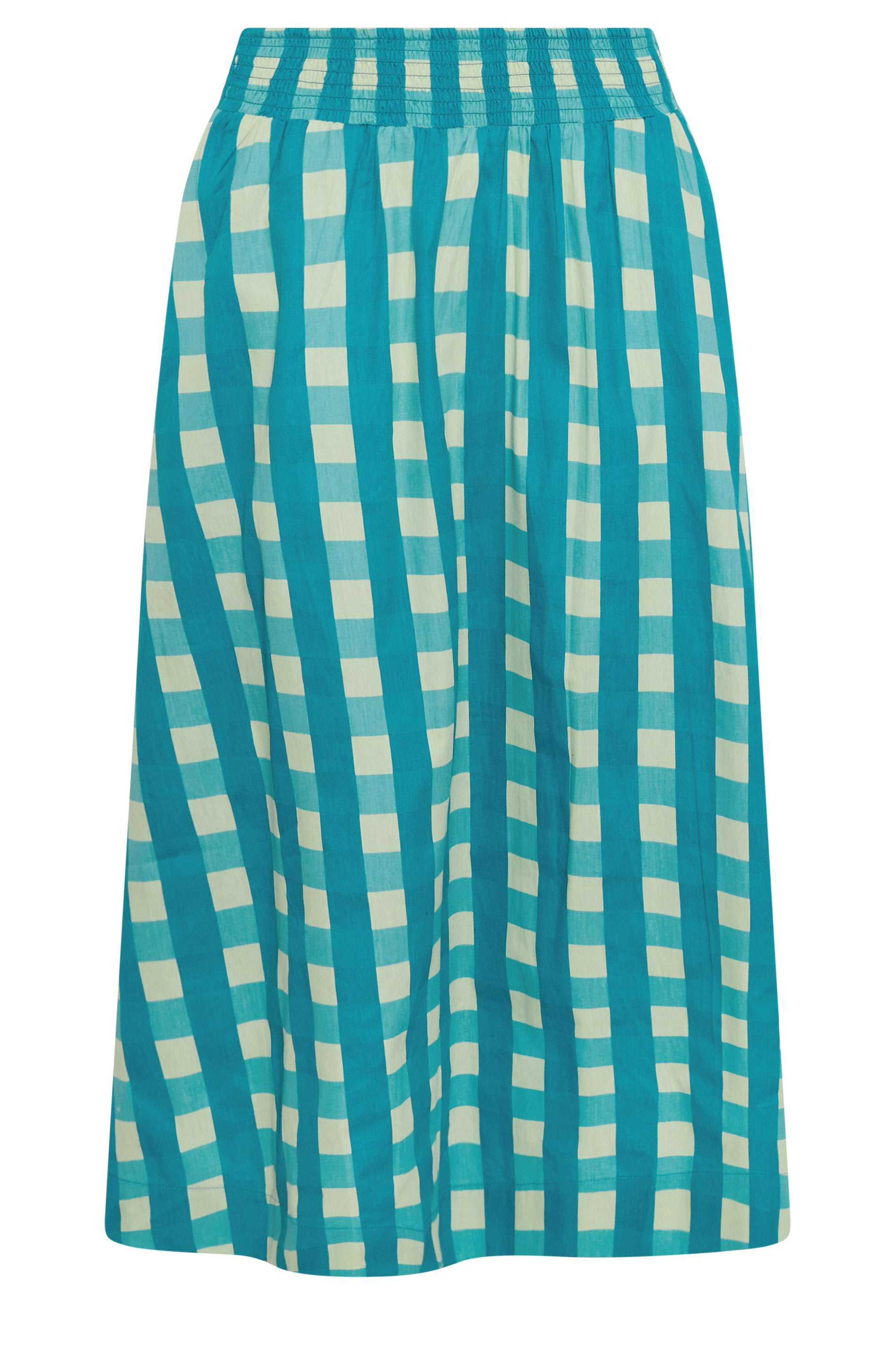 PixieGirl Petite Women's Teal Green Check Cotton Shirred Midi Skirt | PixieGirl 5