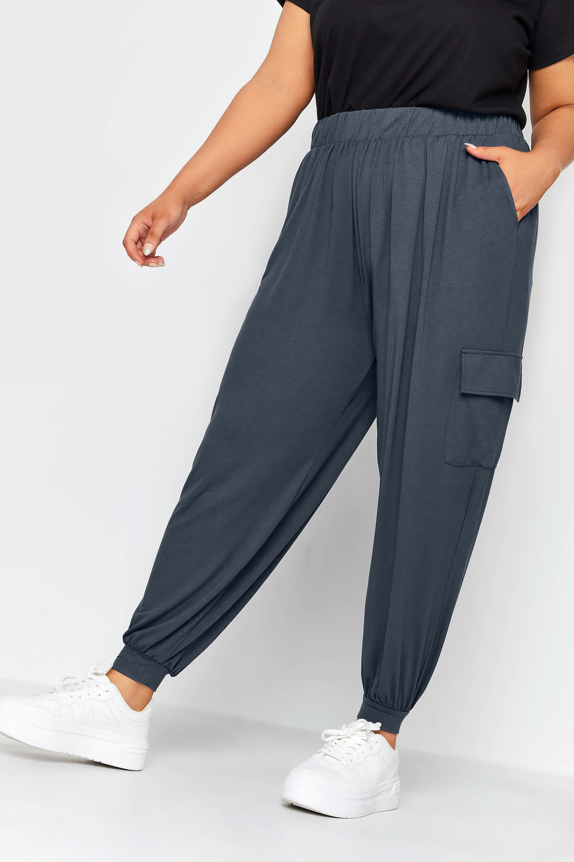 YOURS Plus Size Grey Jersey Harem Cargo Trousers | Yours Clothing 1