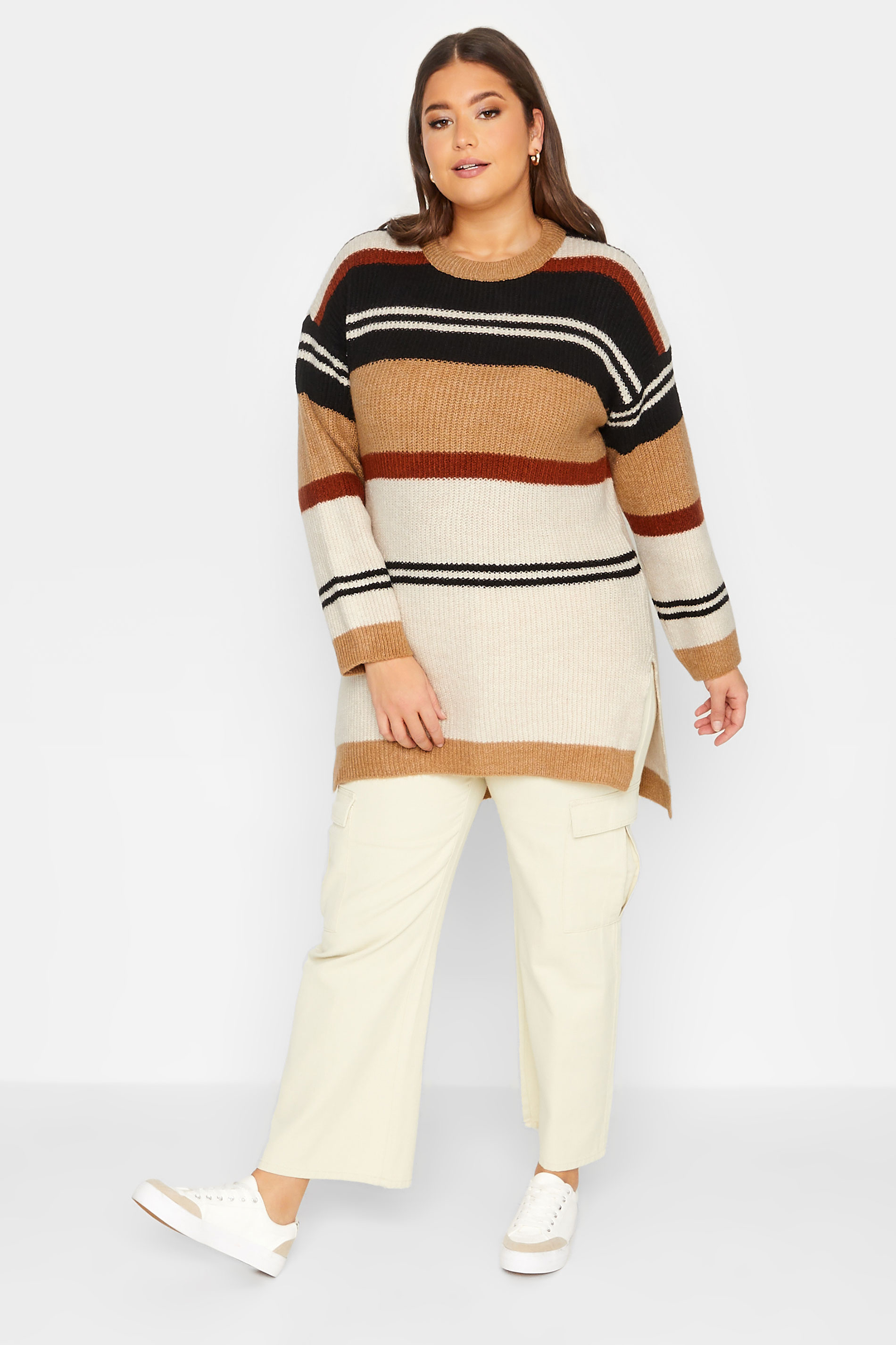YOURS LUXURY Plus Size Brown Stripe Longline Jumper | Yours Clothing 2