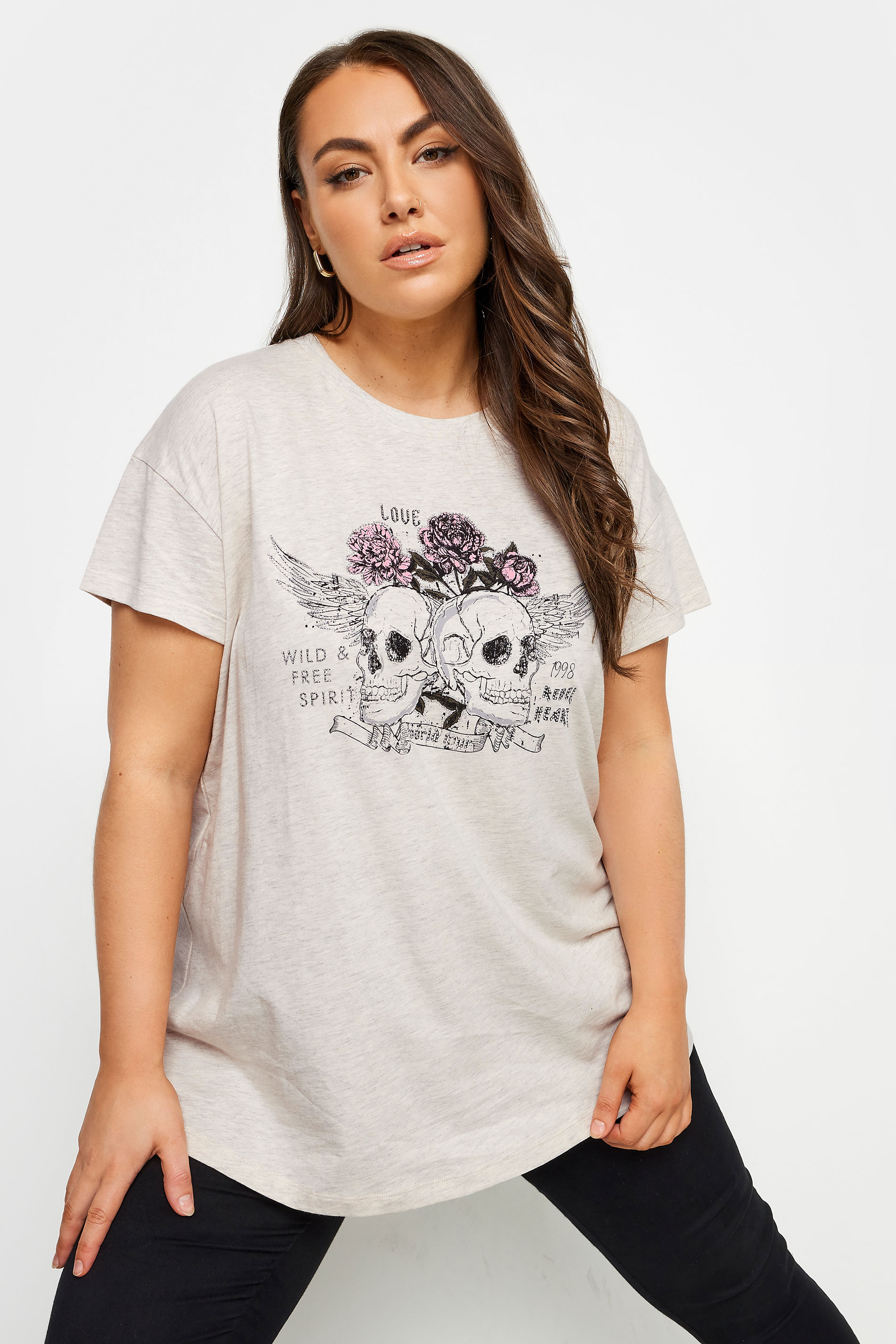 YOURS Plus Size Ivory White Skull Print Diamante Embellished T-Shirt | Yours Clothing 1