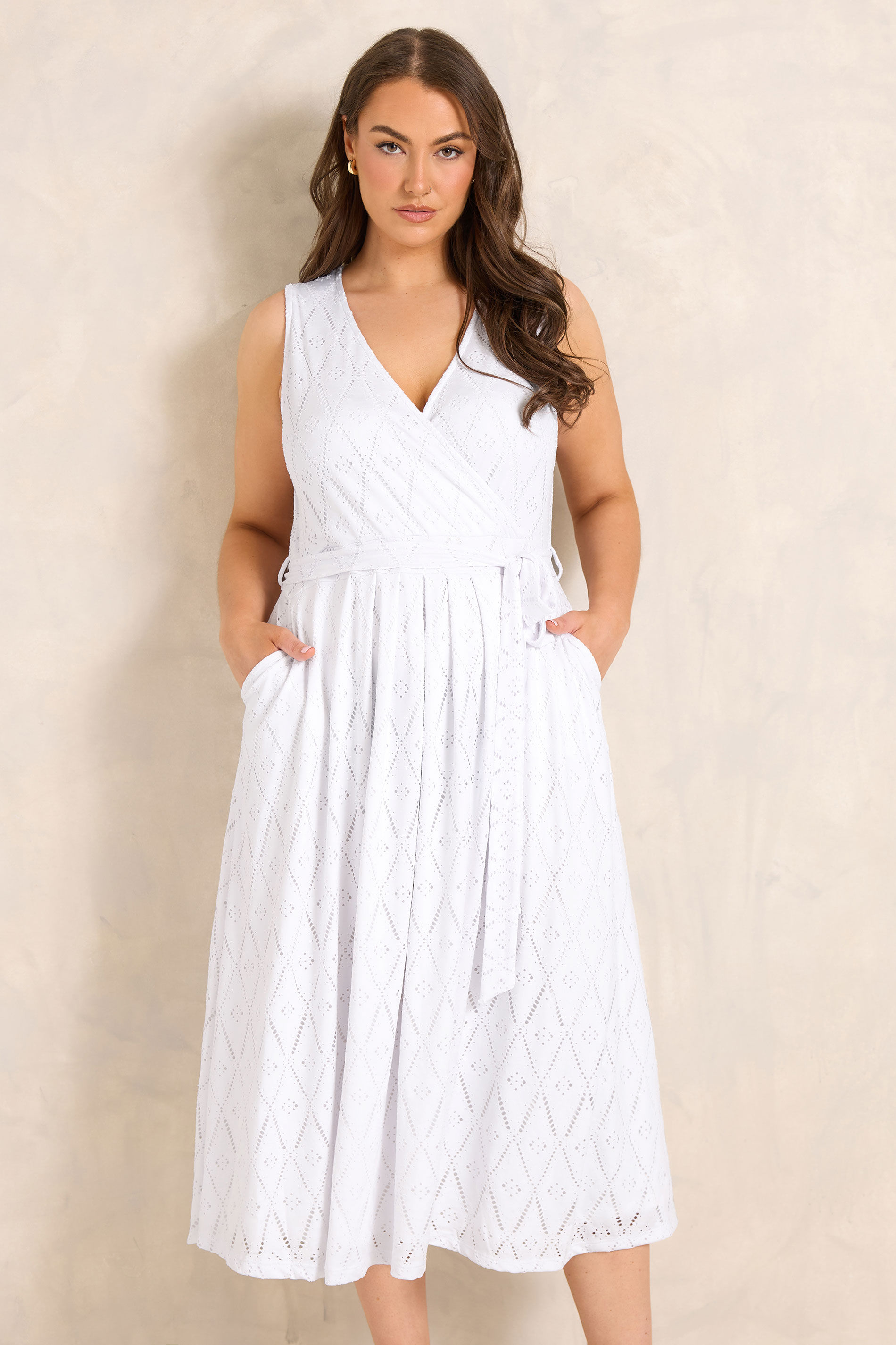 EVANS Plus Size White Broderie Wrap Midi Dress | Evans 3