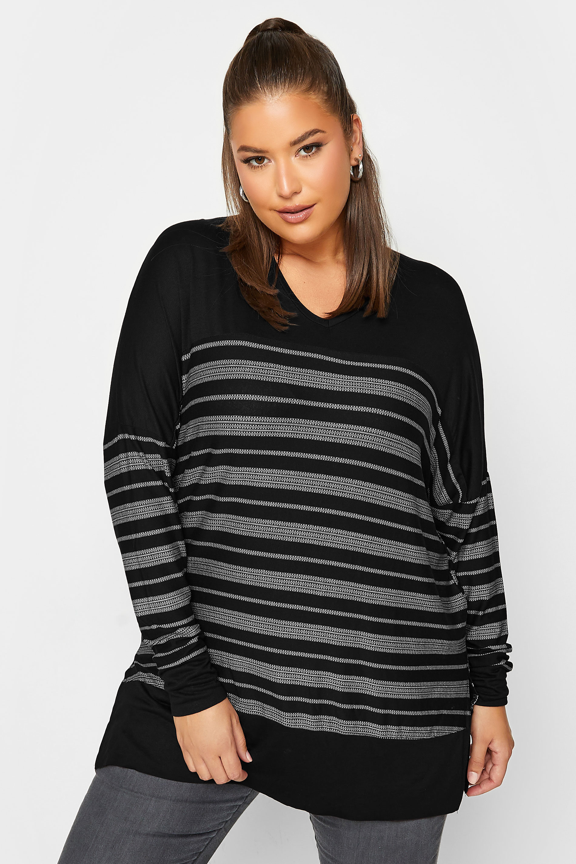 Plus Size Black Stripe Print Long Sleeve Top | Yours Clothing 1