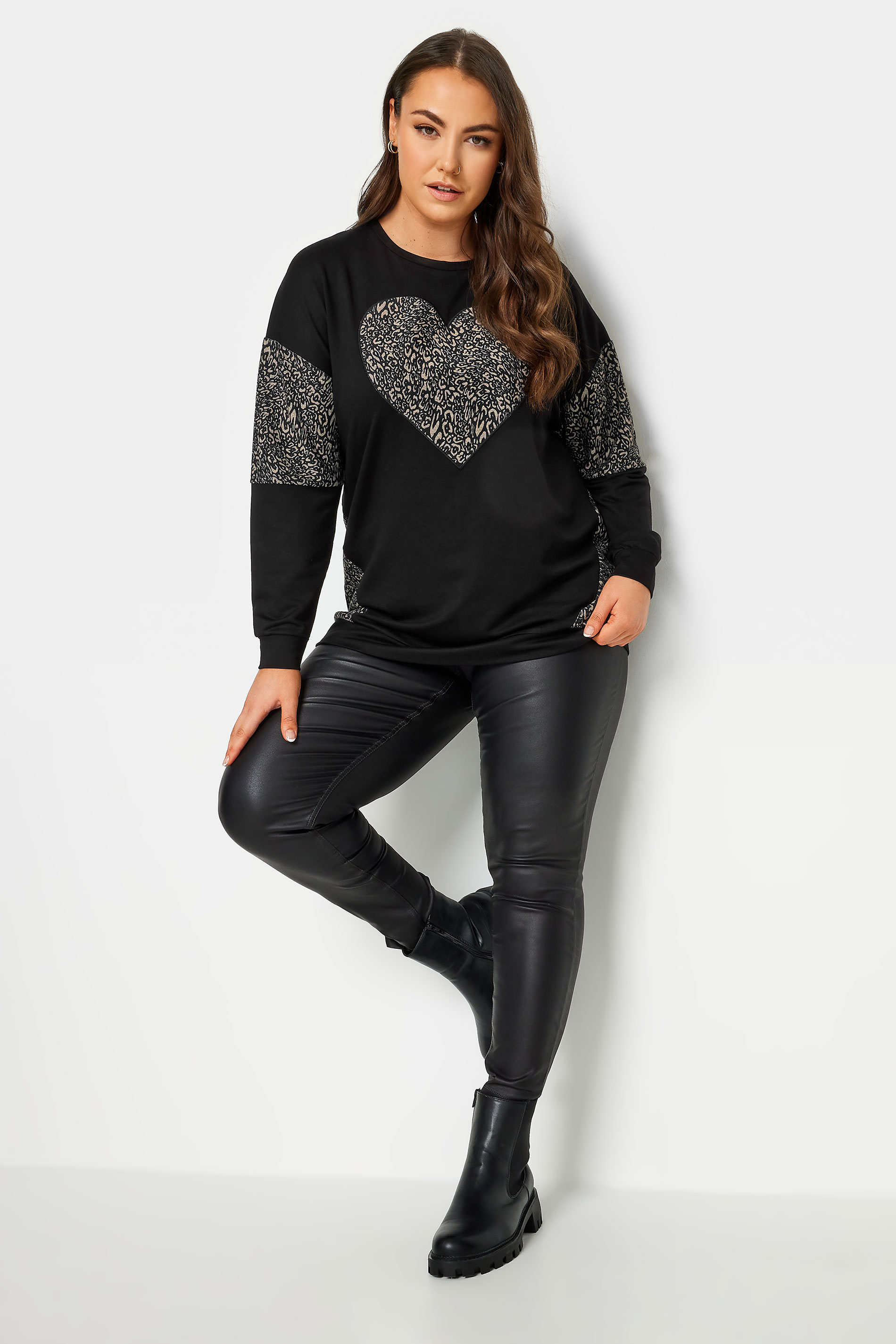 YOURS LUXURY Curve Plus Size Black Leopard Heart Print Sweatshirt | Yours Clothing 2
