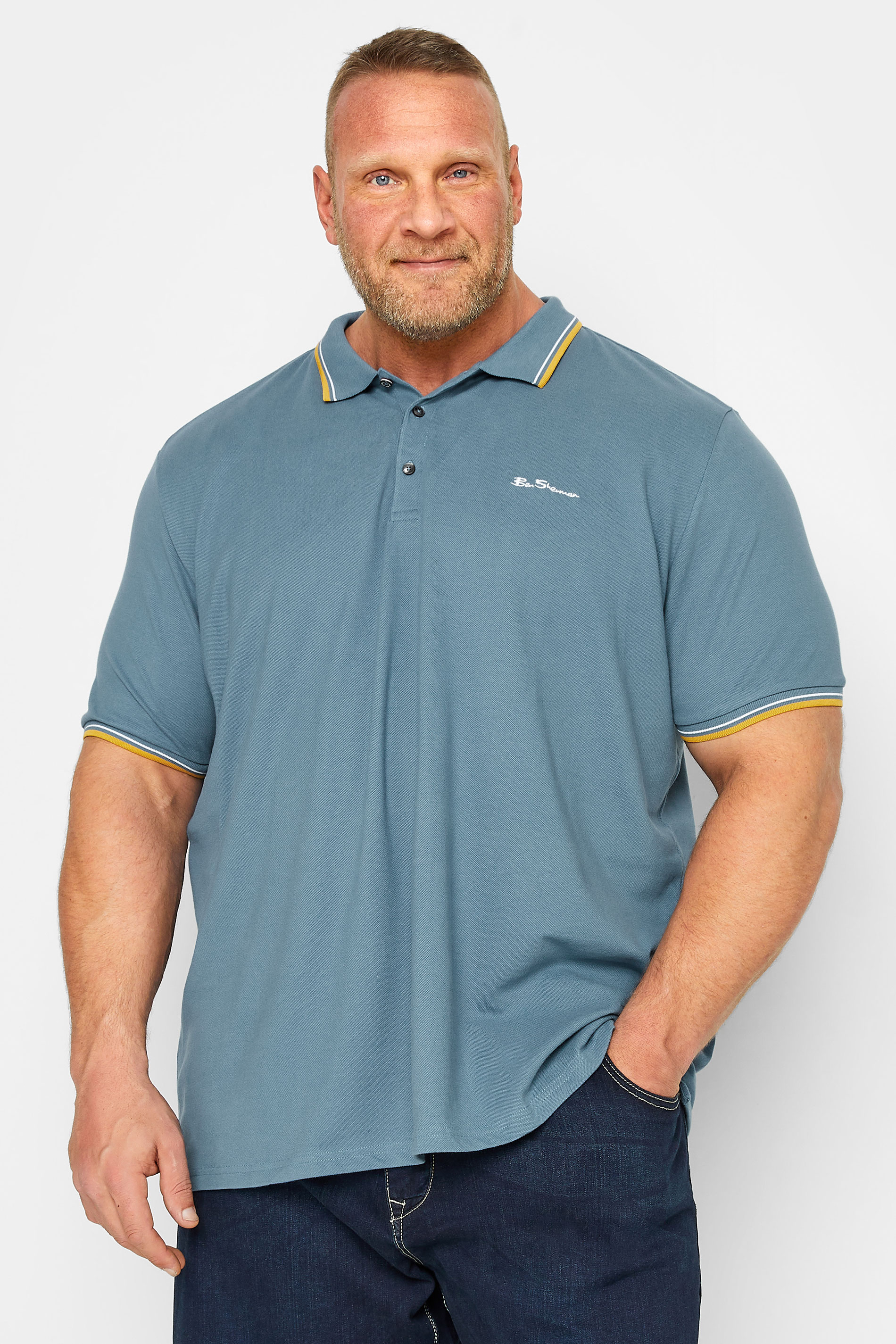 BEN SHERMAN Big & Tall Shadow Blue Signature Tipped Polo Shirt | BadRhino  1