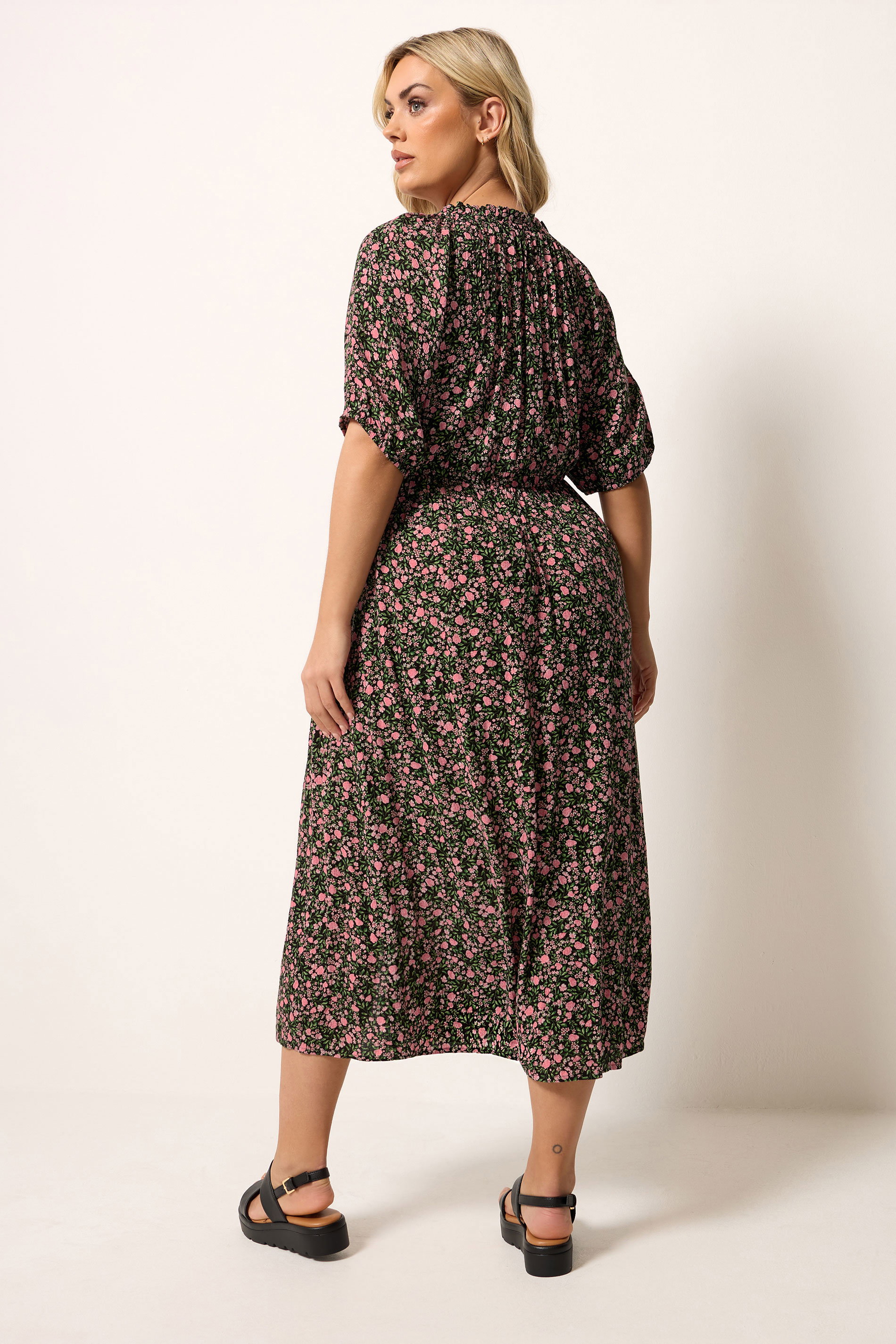 YOURS Plus Size Black Ditsy Floral Pintuck Maxi Dress | Yours Clothing 2