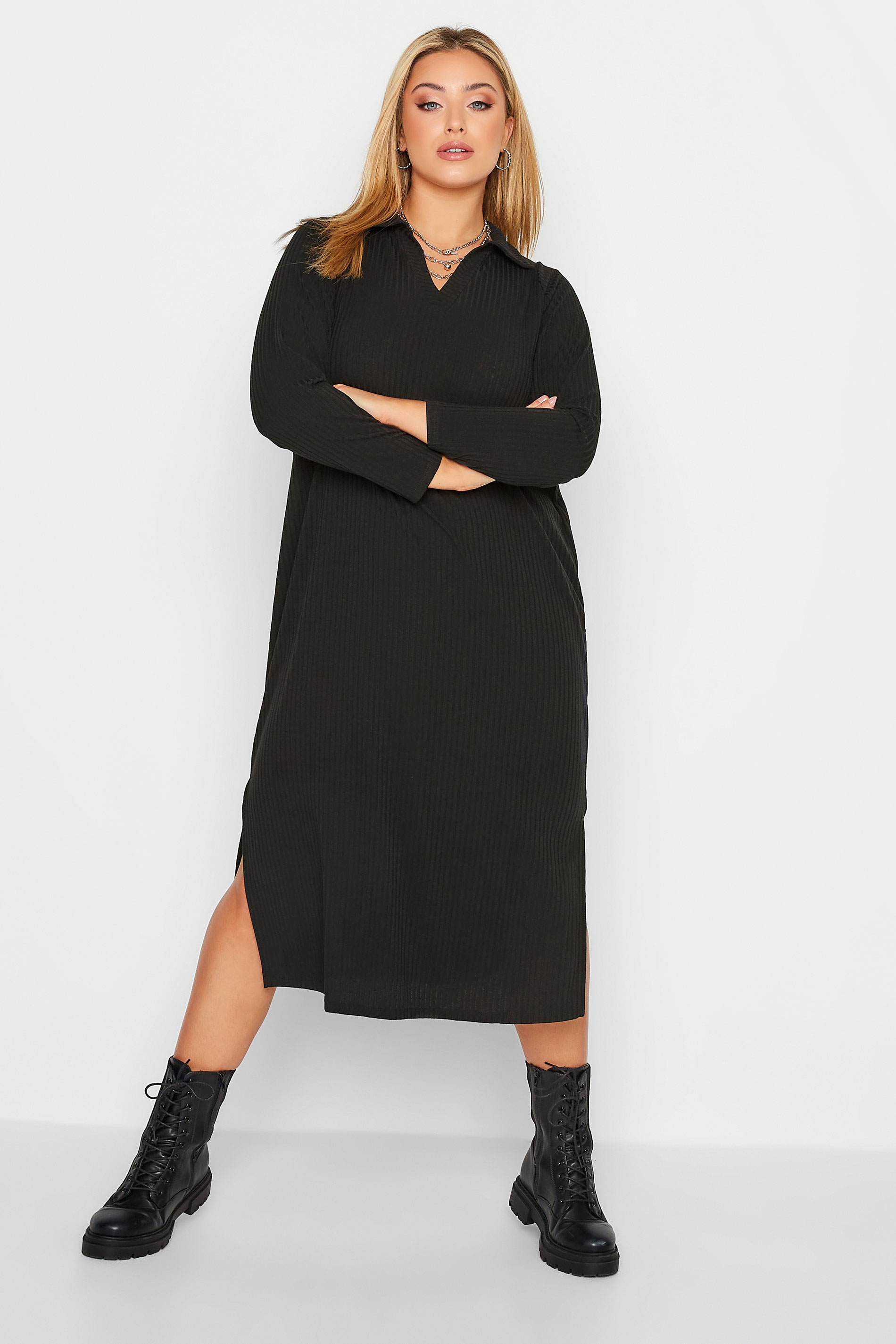 Curve Plus Size Black Ribbed Spilt Sides Midi Dress | Yours Clothing 1
