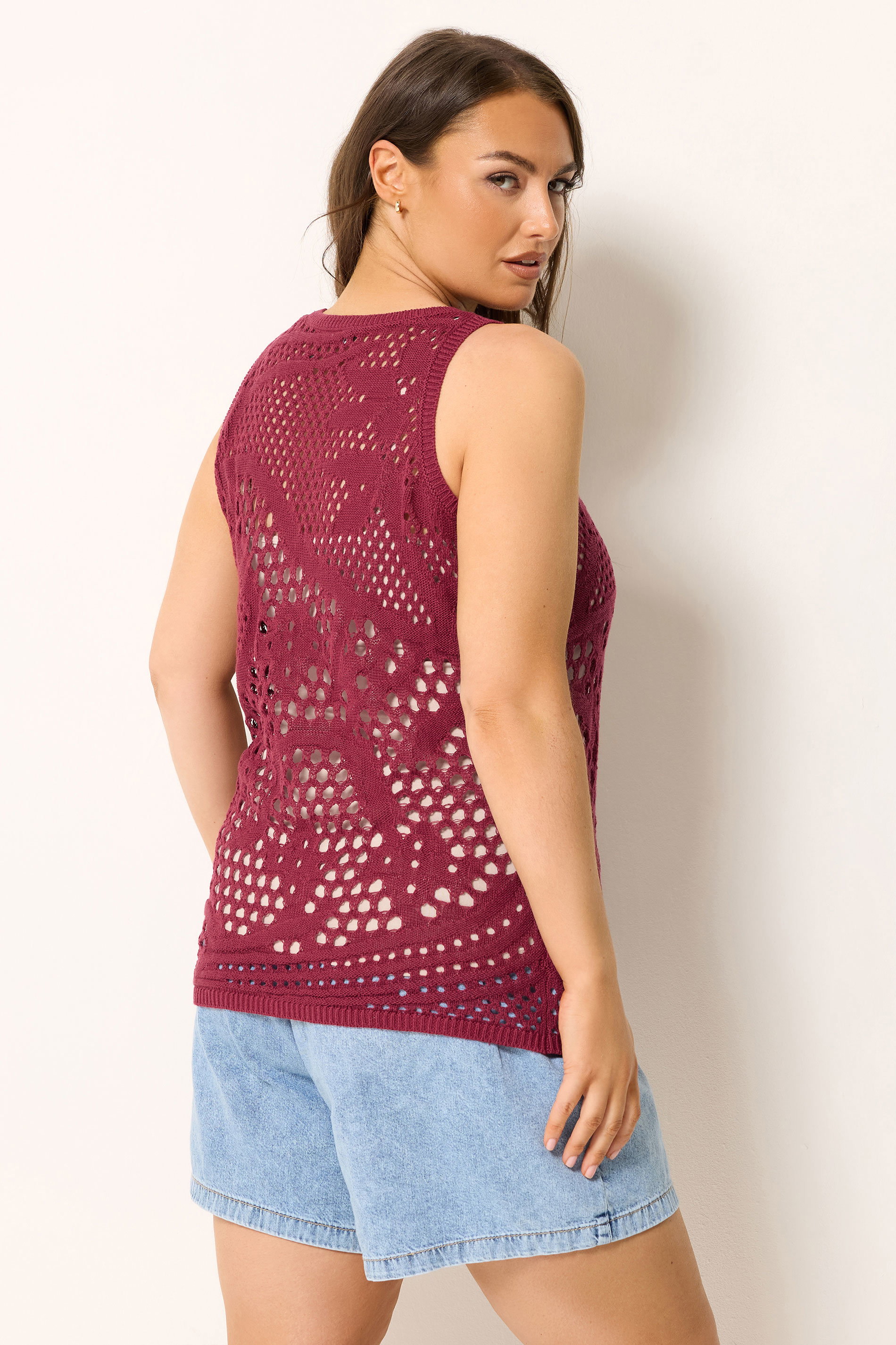 YOURS Plus Size Burgundy Red Knitted Stitch Detail Vest Top | Yours Clothing 4