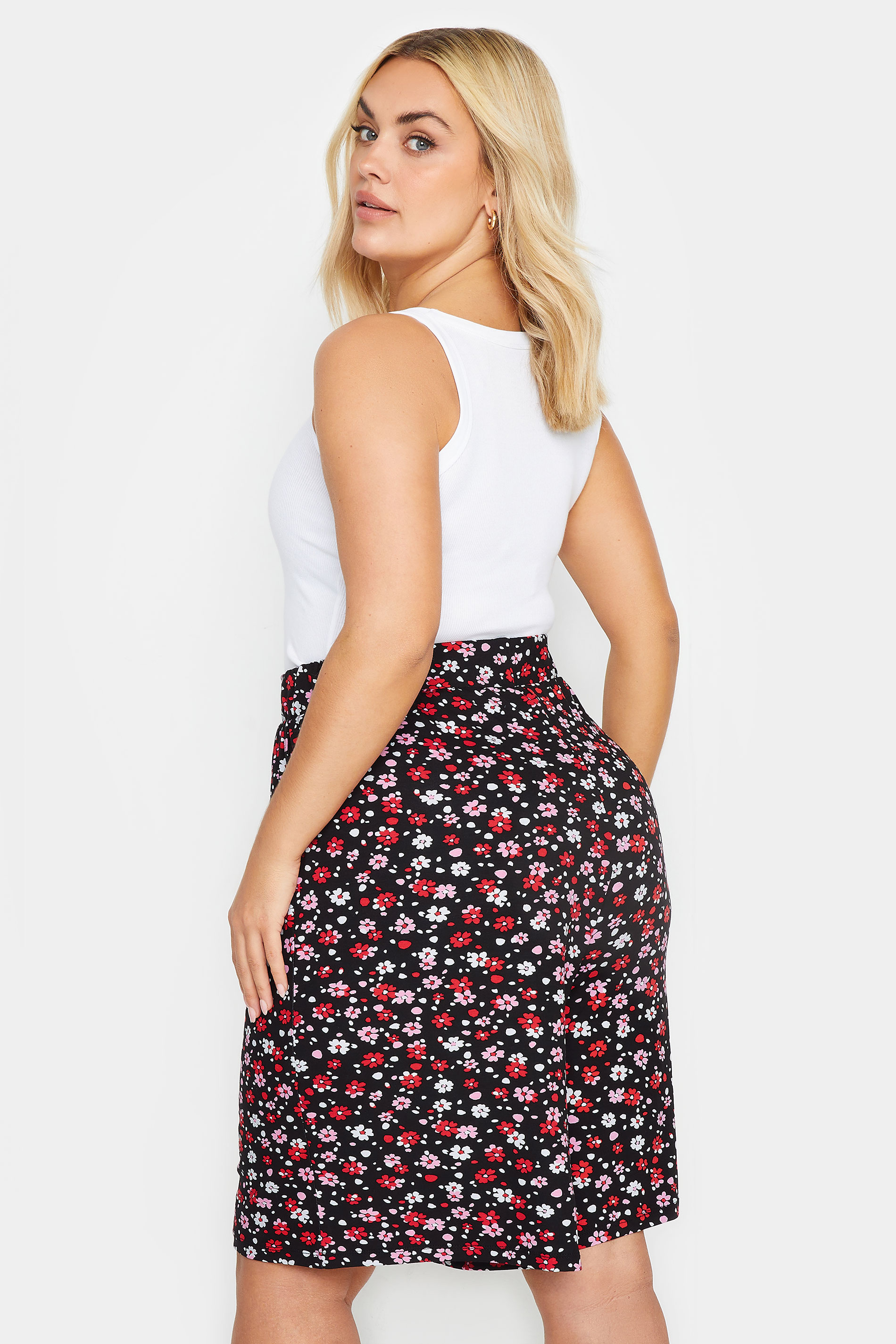 Plus Size Black & Pink Floral Print Jersey Shorts | Yours Clothing 3