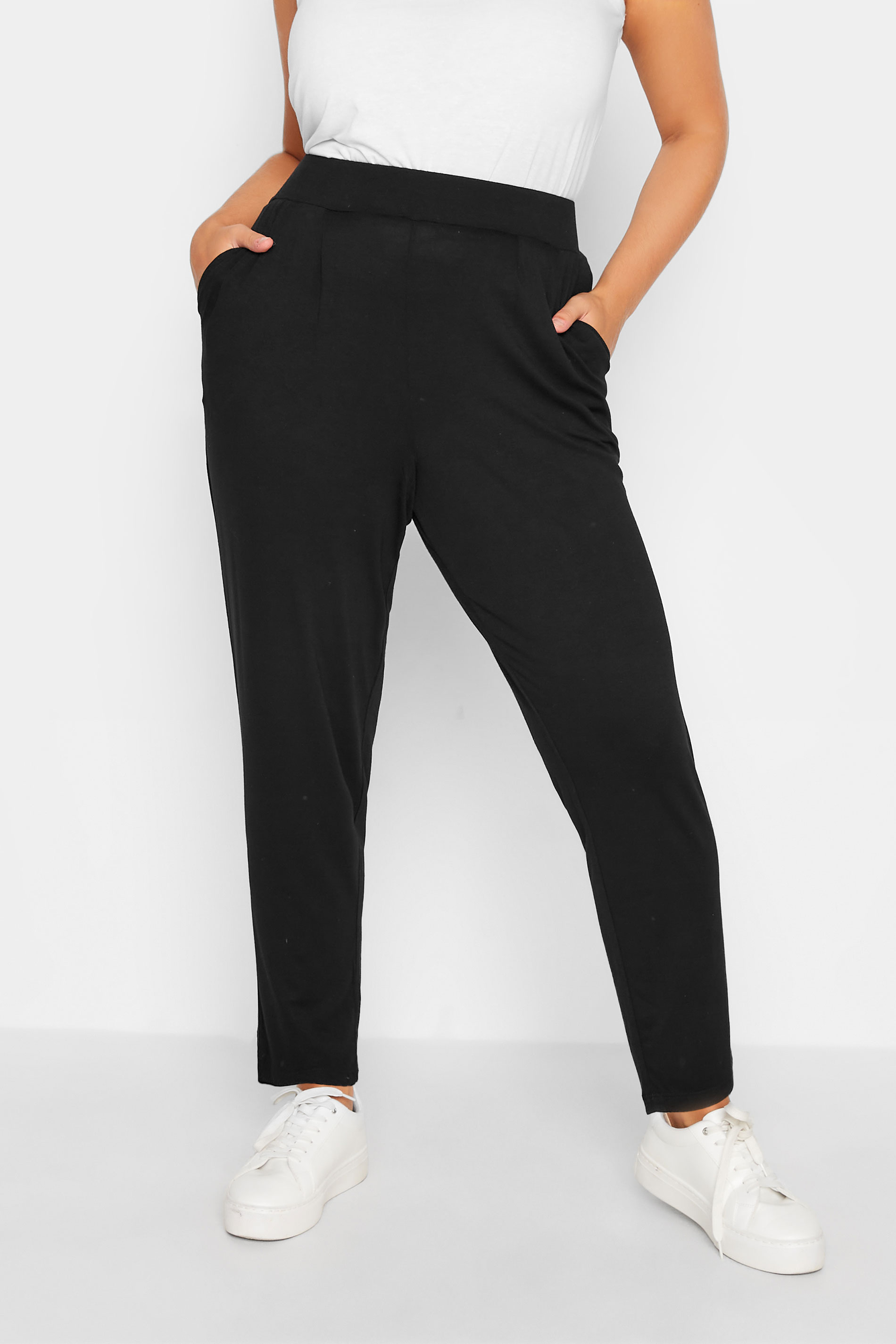 Plus Size Black Double Pleat Jersey Stretch Joggers | Yours Clothing 1