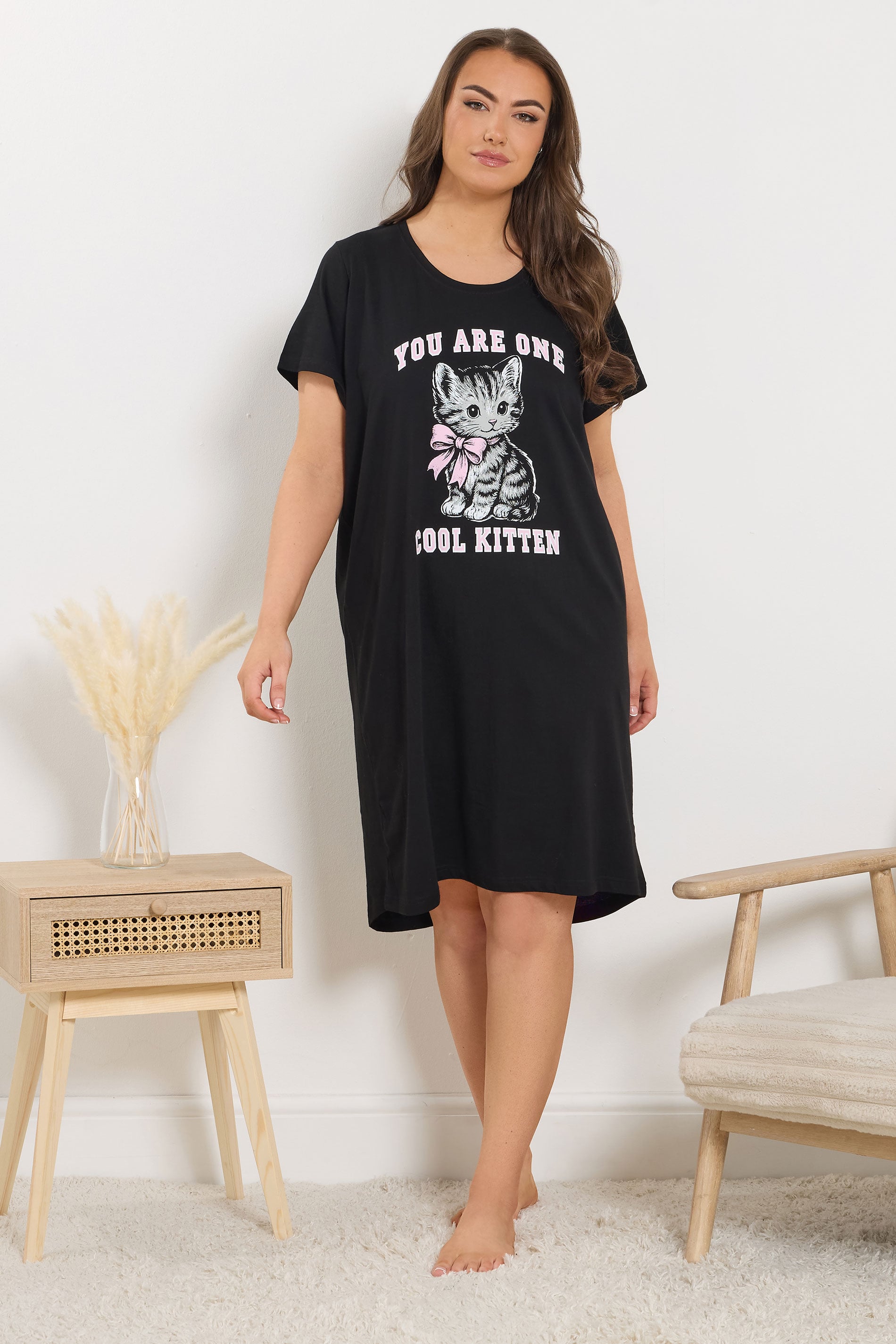 YOURS Plus Size Black 'You Are One Cool Kitten' Dipped Back Nightdress | Yours Clothing 3