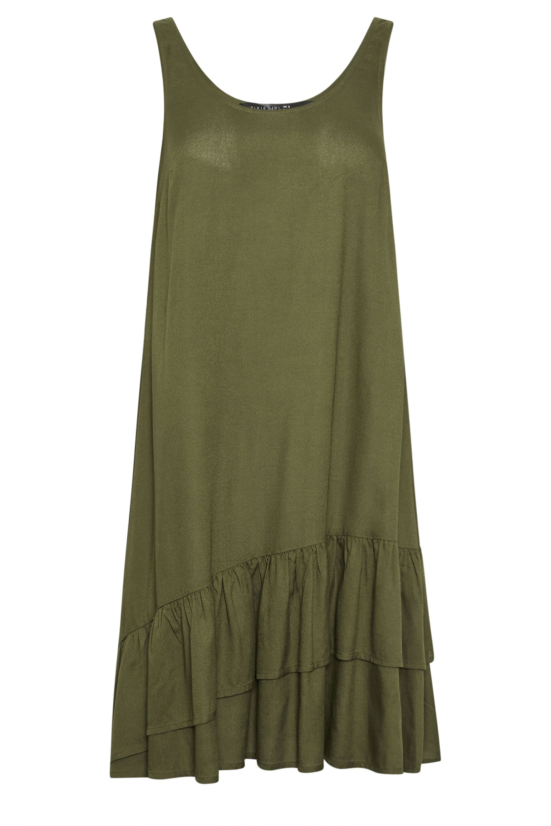 PixieGirl Petite Women's Khaki Green Asymmetric Frill Midi Dress | PixieGirl 5