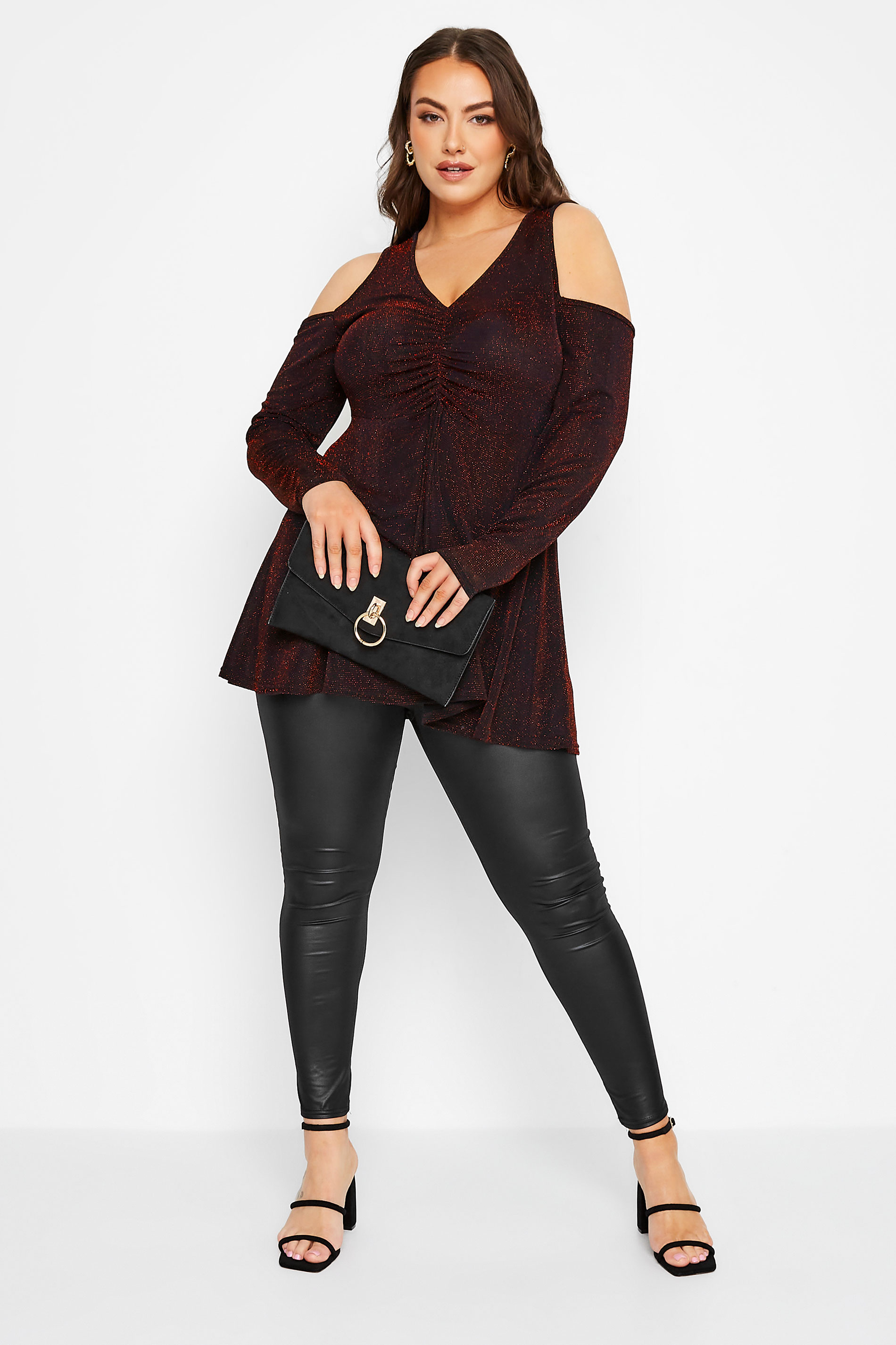 LIMITED COLLECTION Plus Size Black & Red Glitter Cold Shoulder Top | Yours Clothing 2