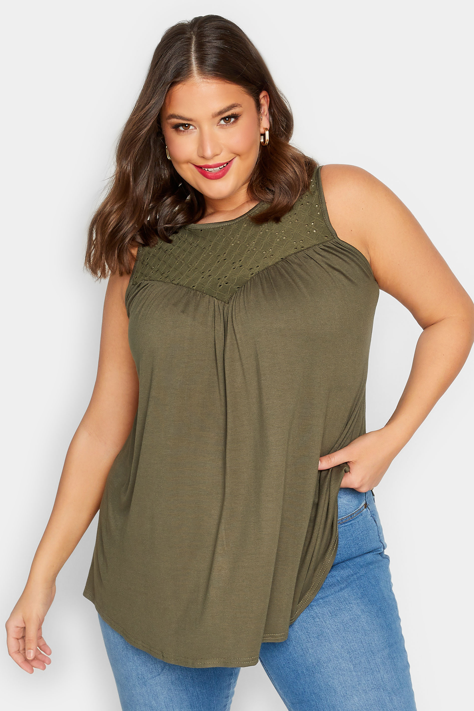 LIMITED COLLECTION Plus Size Khaki Green Broderie Anglaise Insert Vest Top | Yours Clothing 1