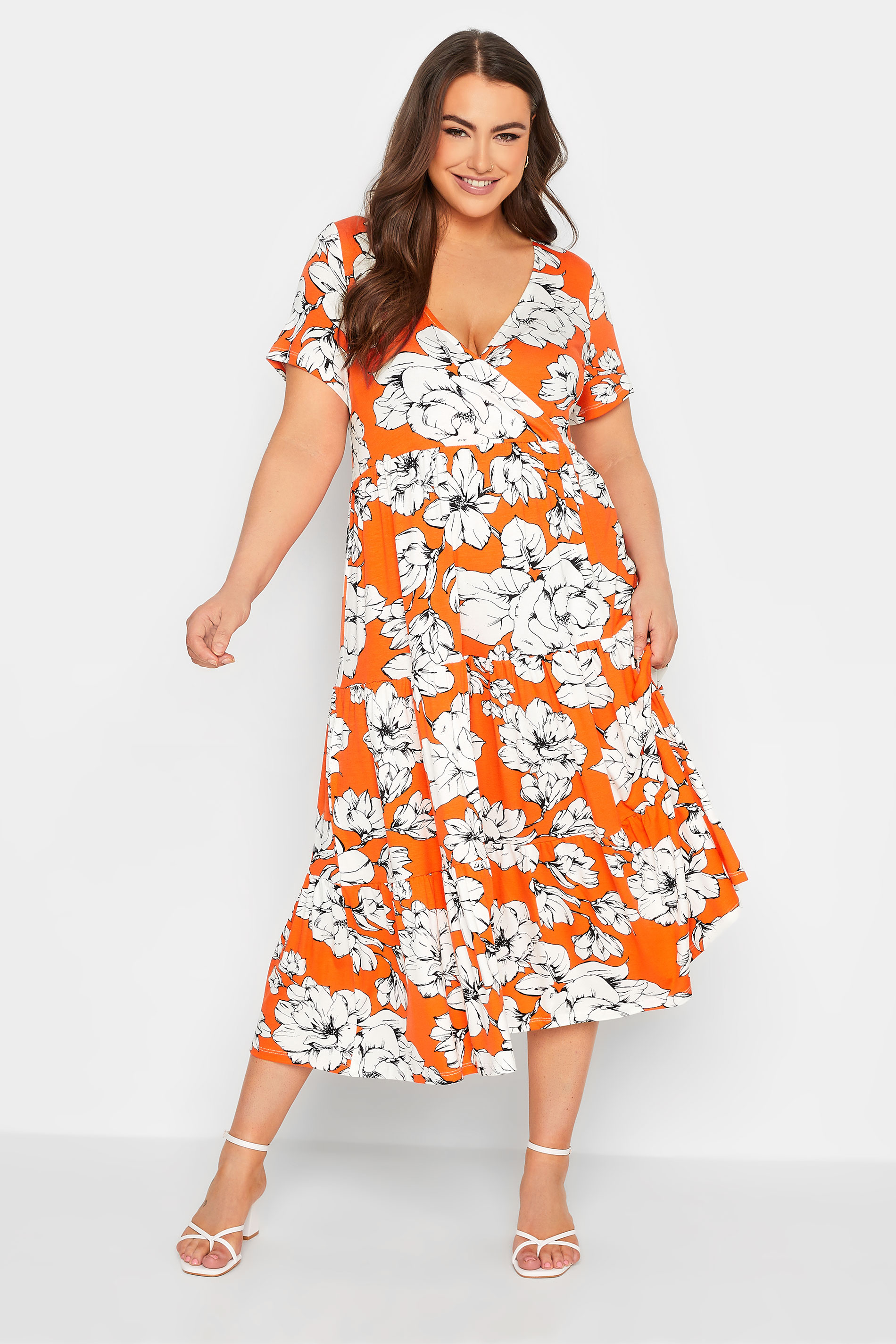 YOURS Plus Size Orange Floral V-Neck Tiered Wrap Dress | Yours Clothing 1