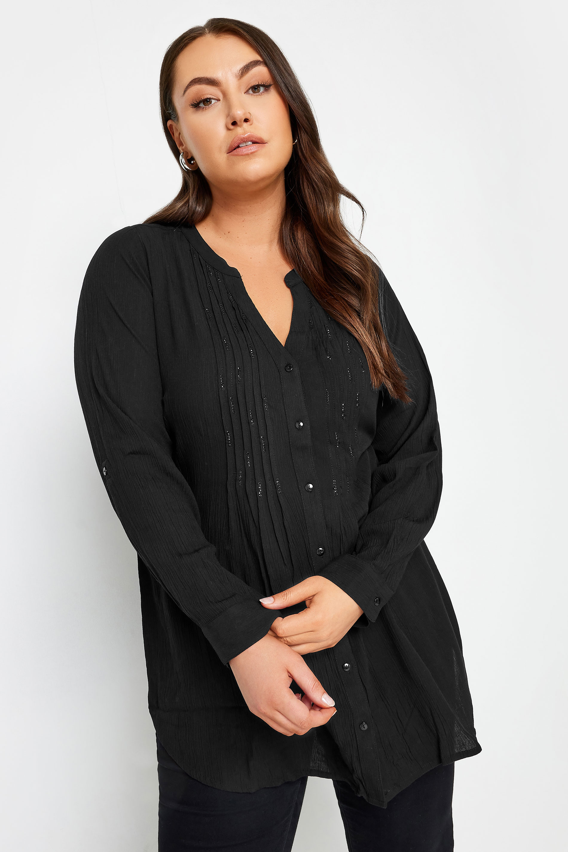 YOURS Plus Size Black Embellished Pintuck Shirt | Yours Clothing 1