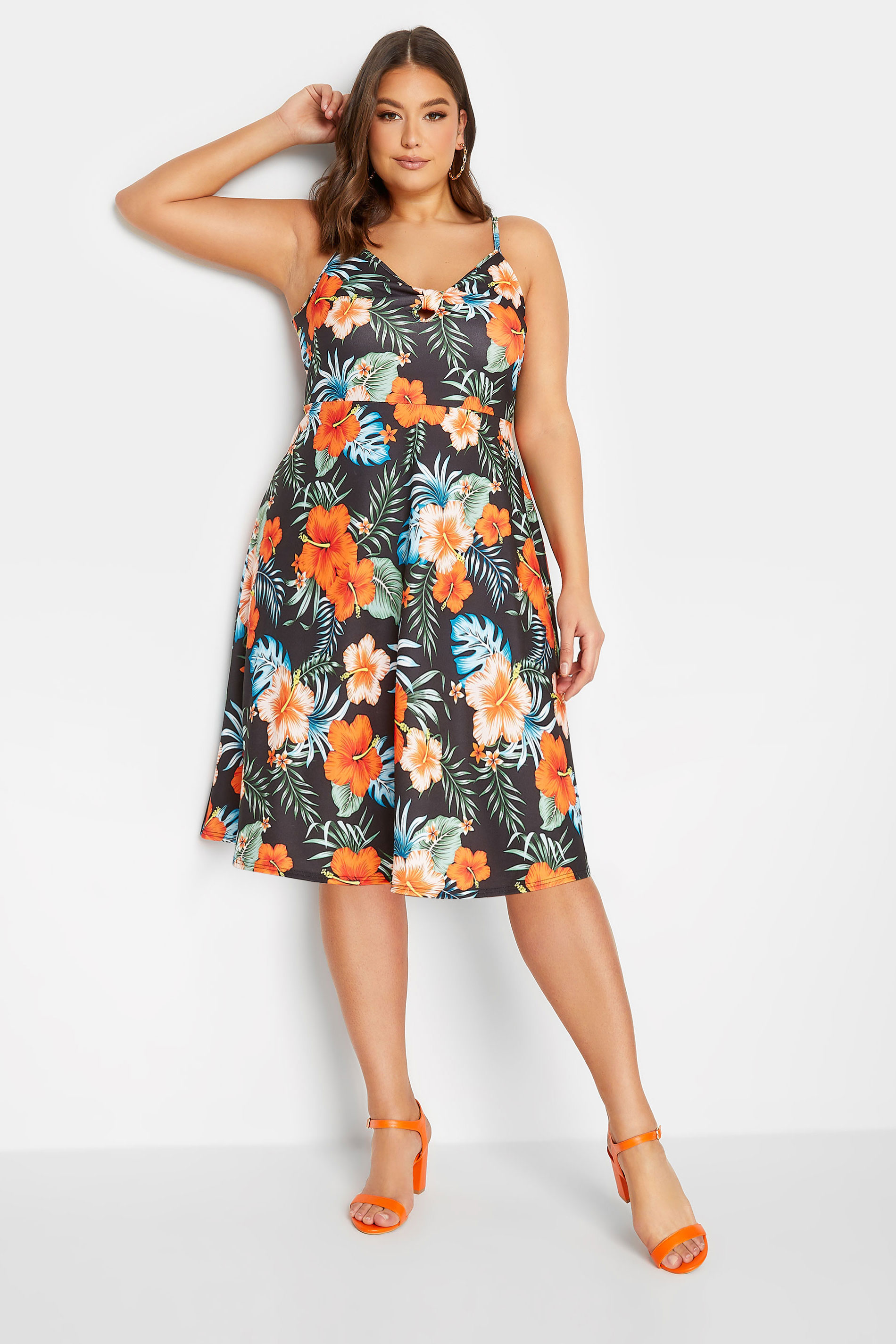 YOURS LONDON Plus Size Black Tropical Print Bow Front Dress | Yours Clothing 1