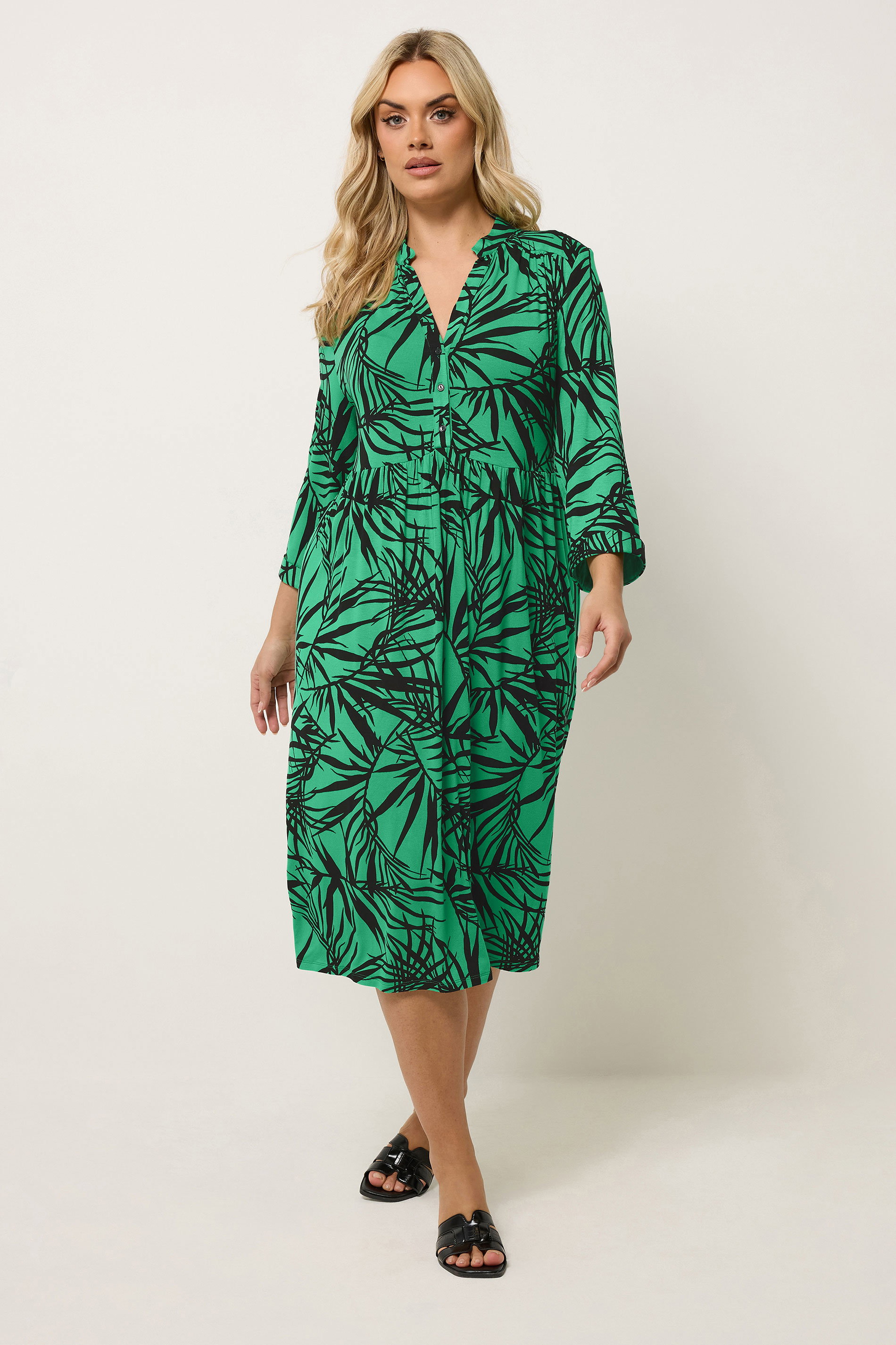 YOURS Plus Size Green Leaf Print Midi Dress | Yours Clothing 3