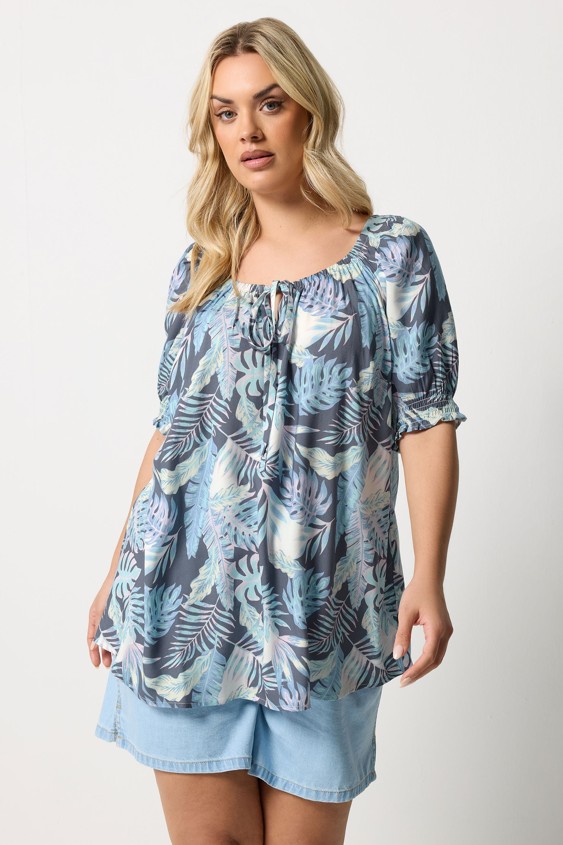 YOURS Plus Size Blue Palm Leaf Tie Neck Blouse  | Yours Clothing 1