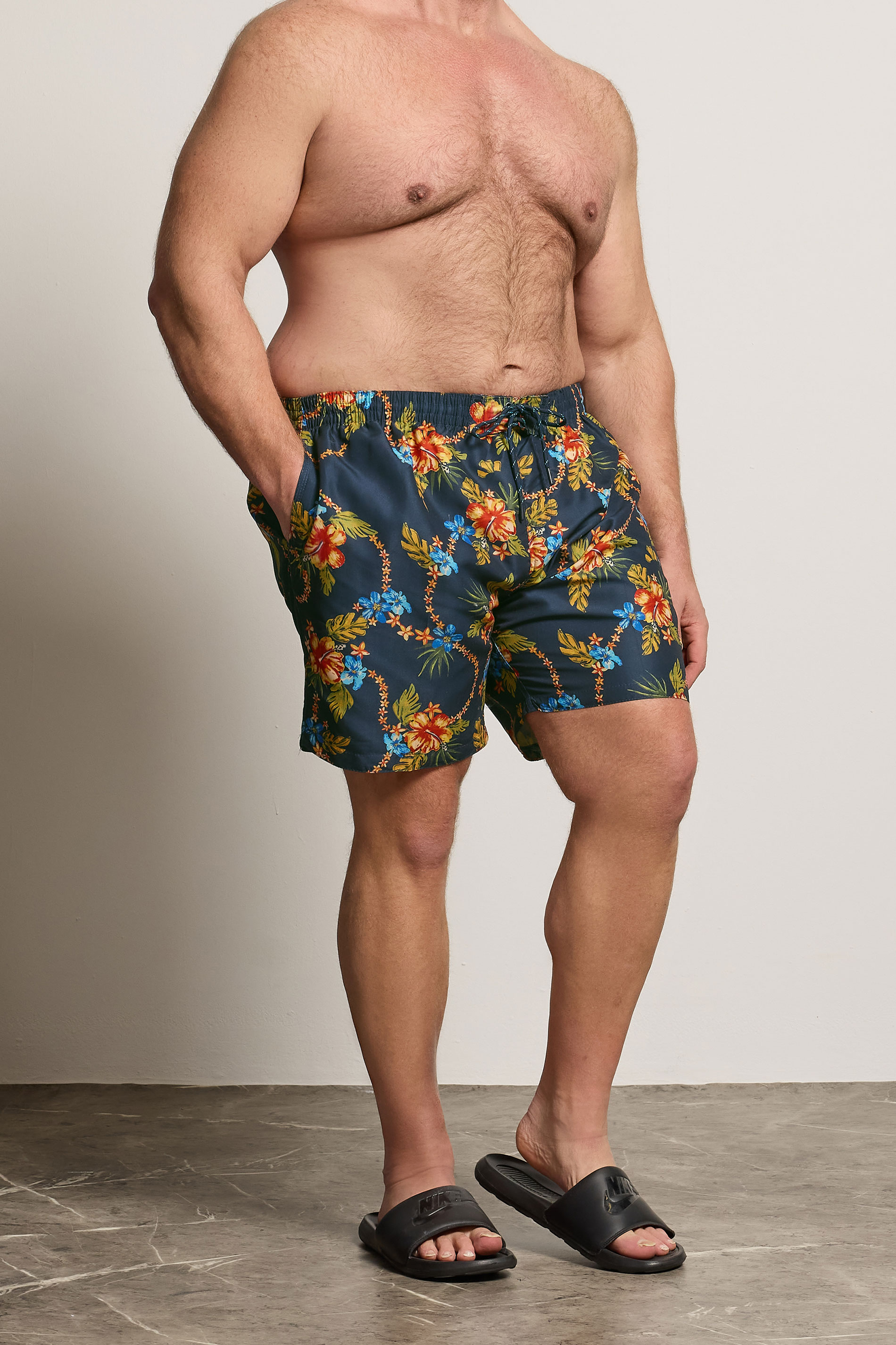 D555 Big & Tall Navy Blue Hawaiian Swim Shorts | BadRhino 3