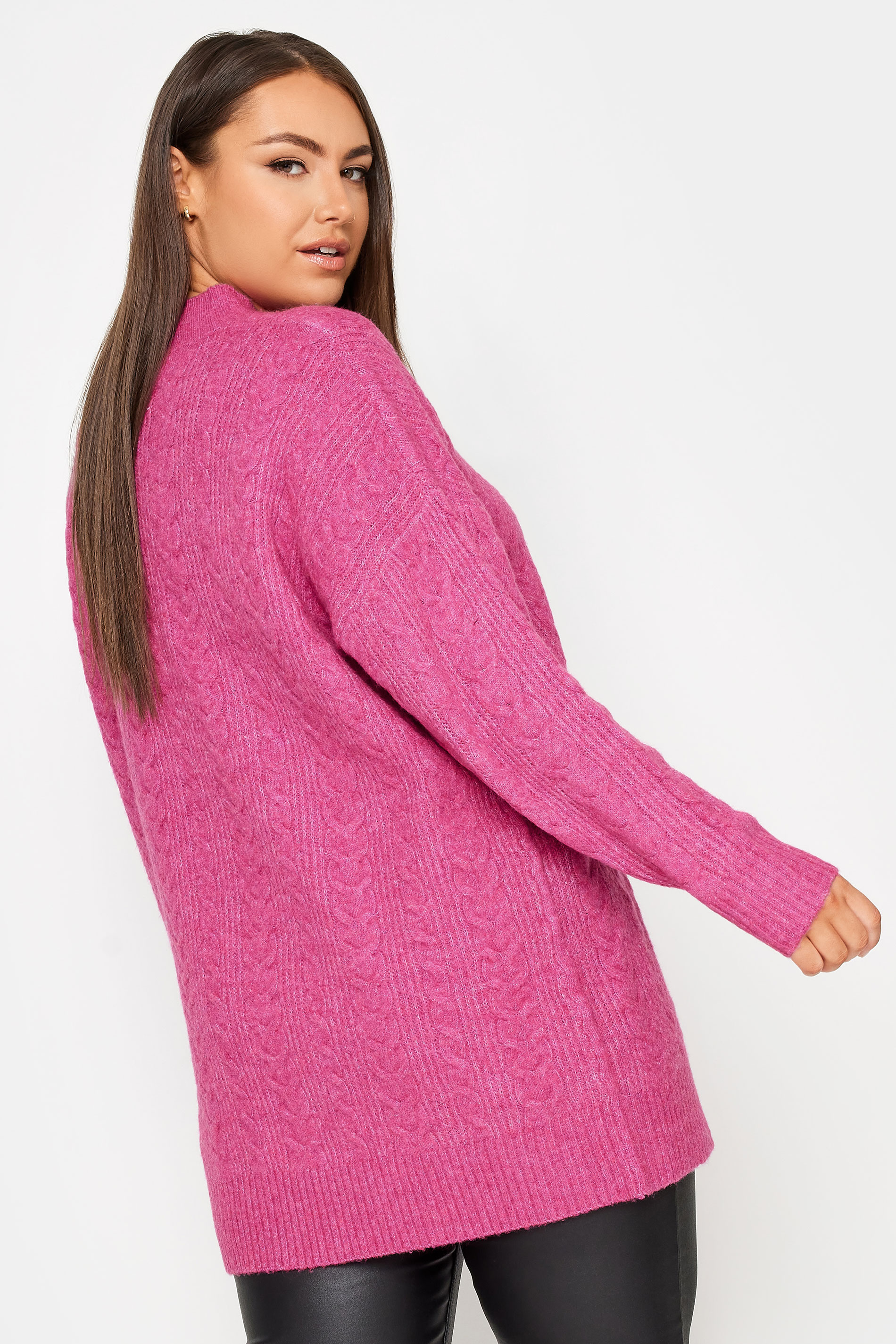 YOURS Plus Size Pink Cable Knit Turtle Neck Jumper | Yours Clothing 3
