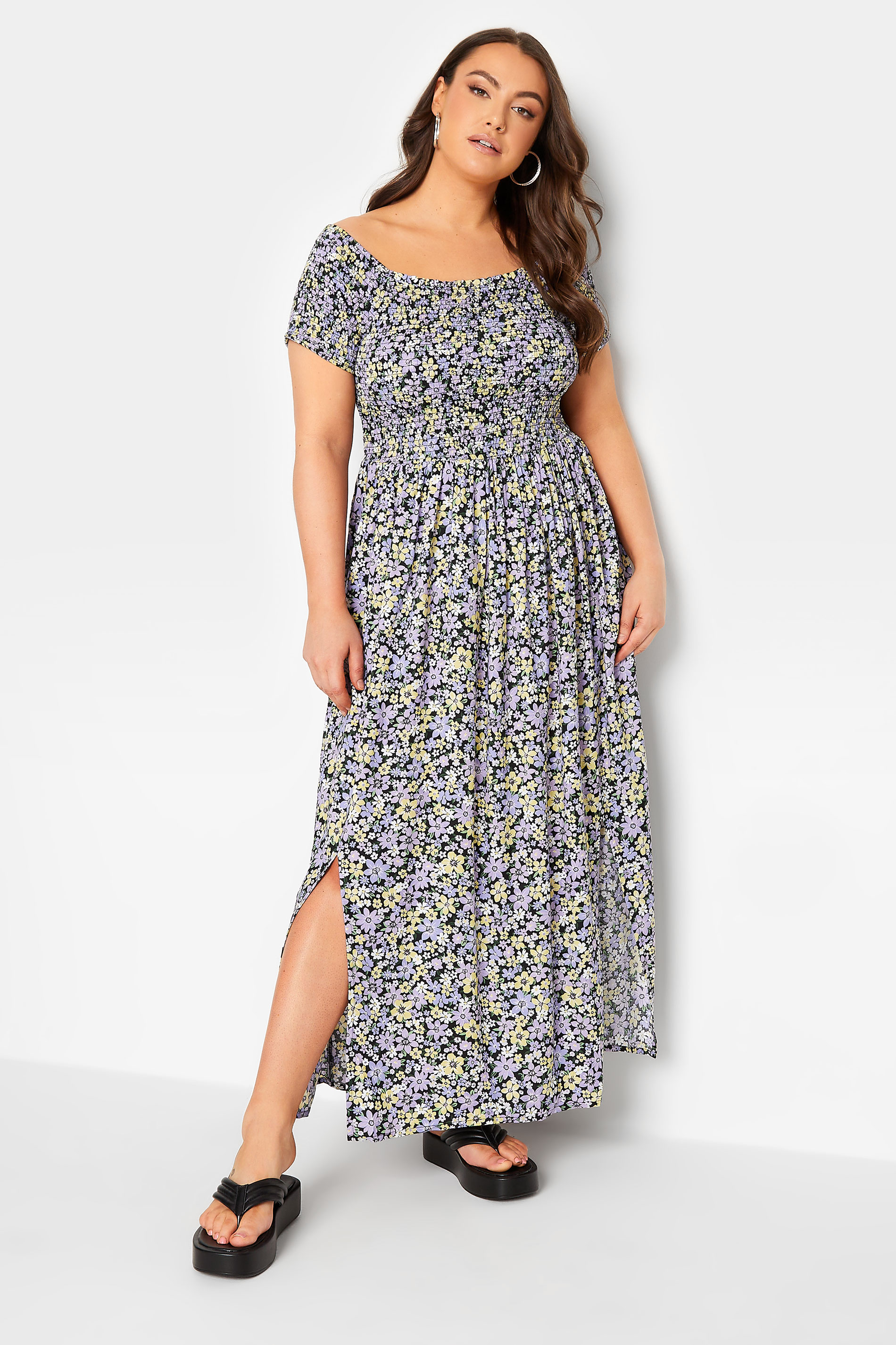 Plus Size Black & Purple Floral Shirred Bardot Maxi Dress | Yours Clothing 1