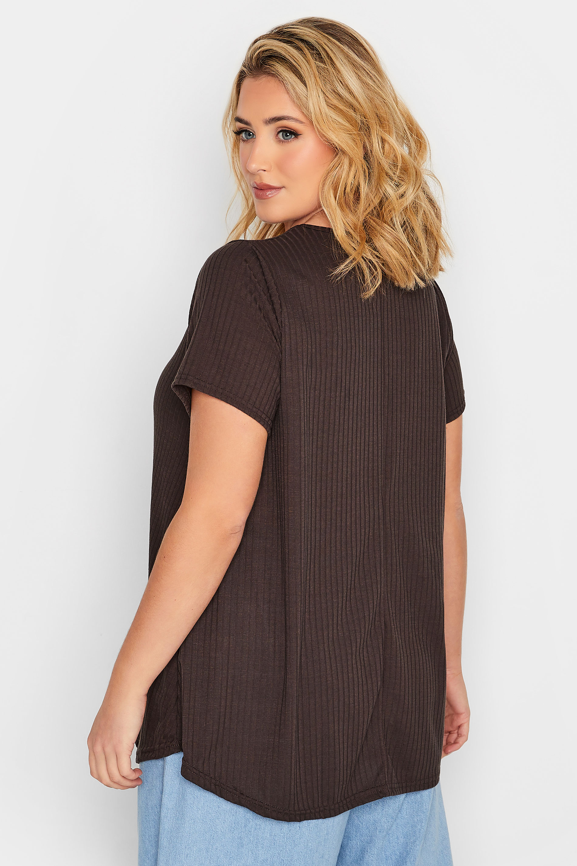 LIMITED COLLECTION Plus Size Chocolate Brown Ribbed Swing Top | Yours Clothing 3