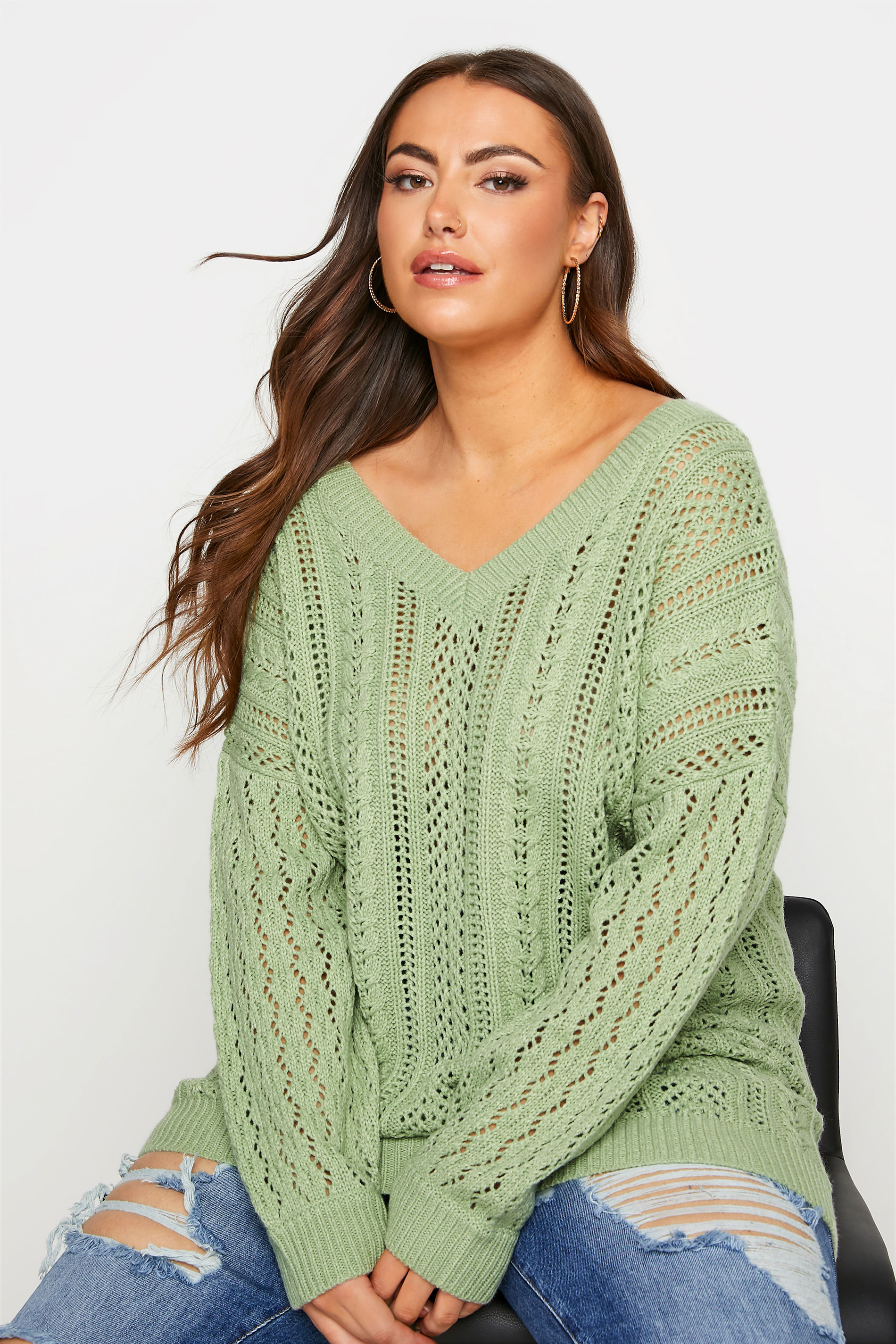 Plus Size Curve Green V-Neck Knitted Jumper | Yours Clothing 1