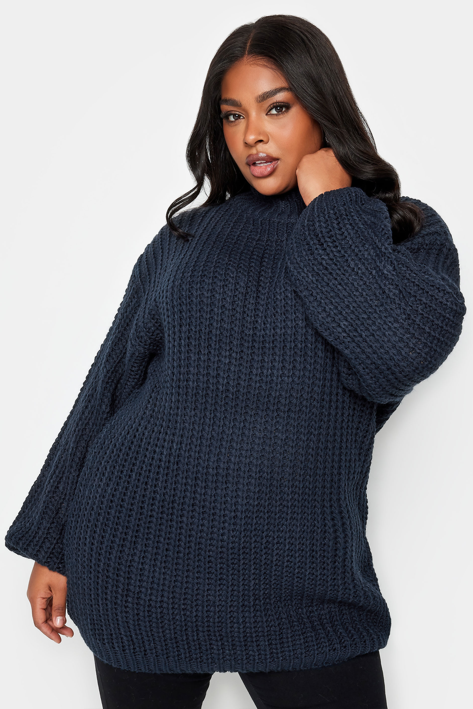 YOURS Curve Navy Blue Funnel Neck Oversized Knitted Jumper  | Yours Clothing 1