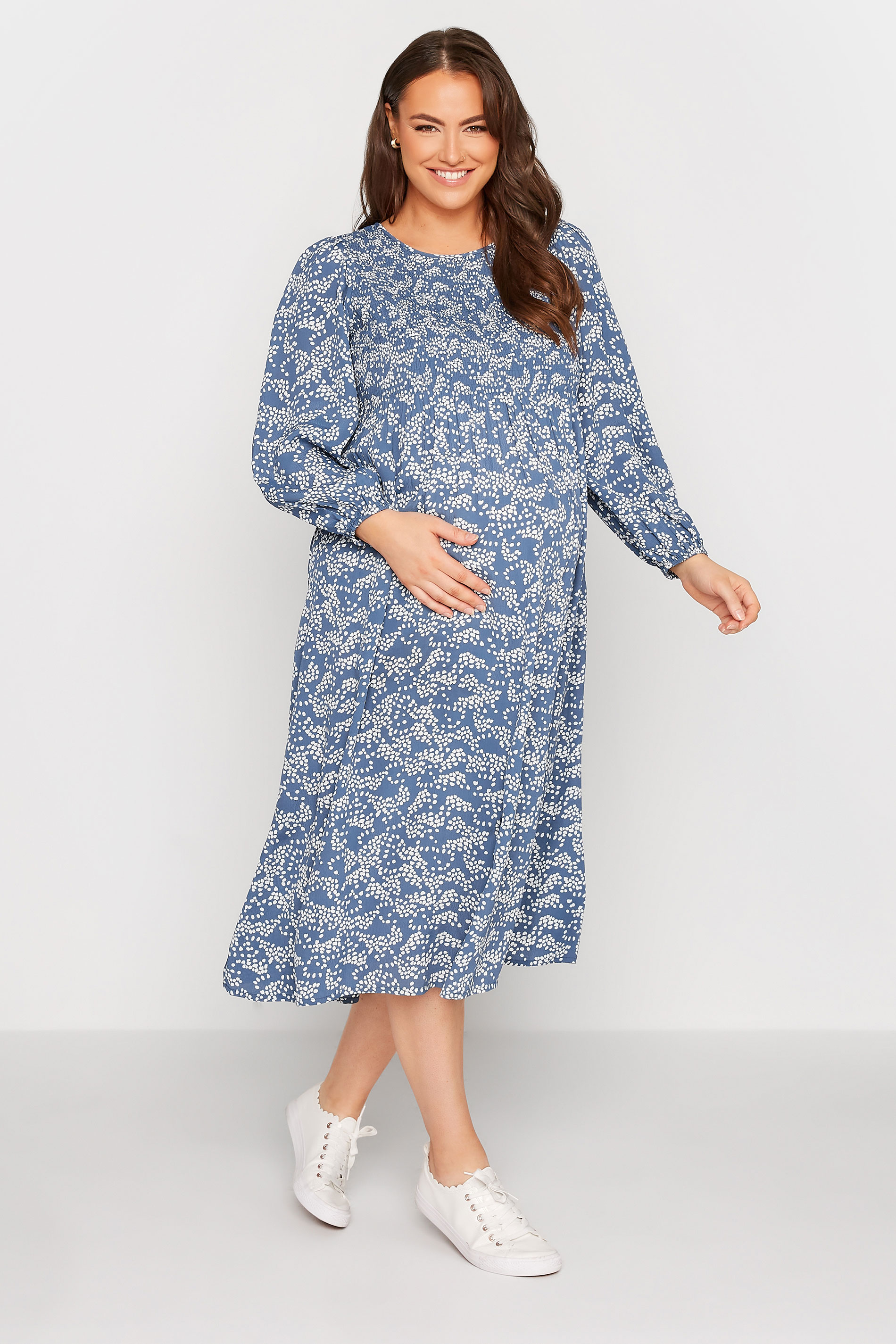 BUMP IT UP MATERNITY Plus Size Blue Ditsy Print Shirred Smock Dress | Yours Clothing 1