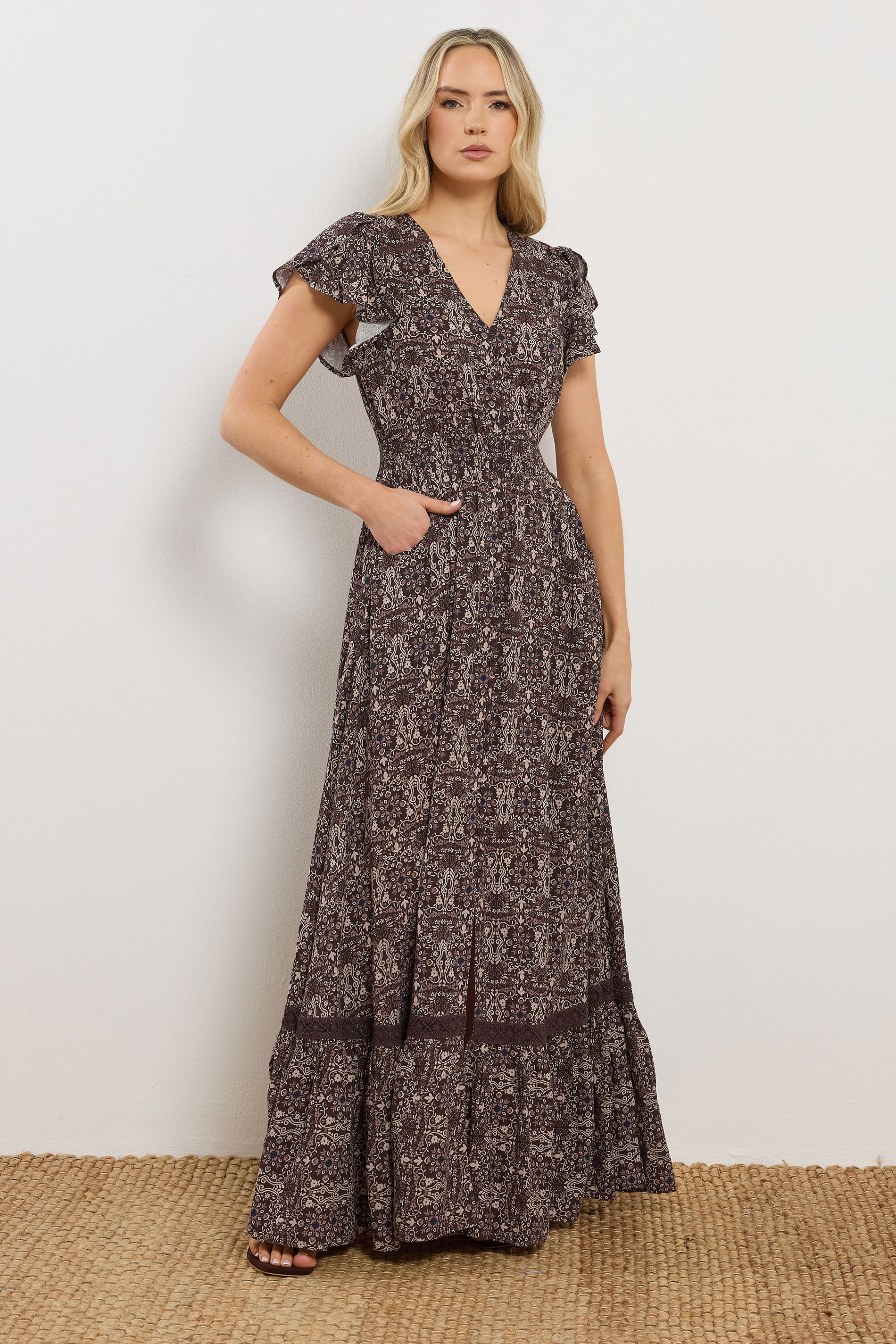 LTS Tall Women's Chocolate Brown Floral Button Maxi Dress | Long Tall Sally 1