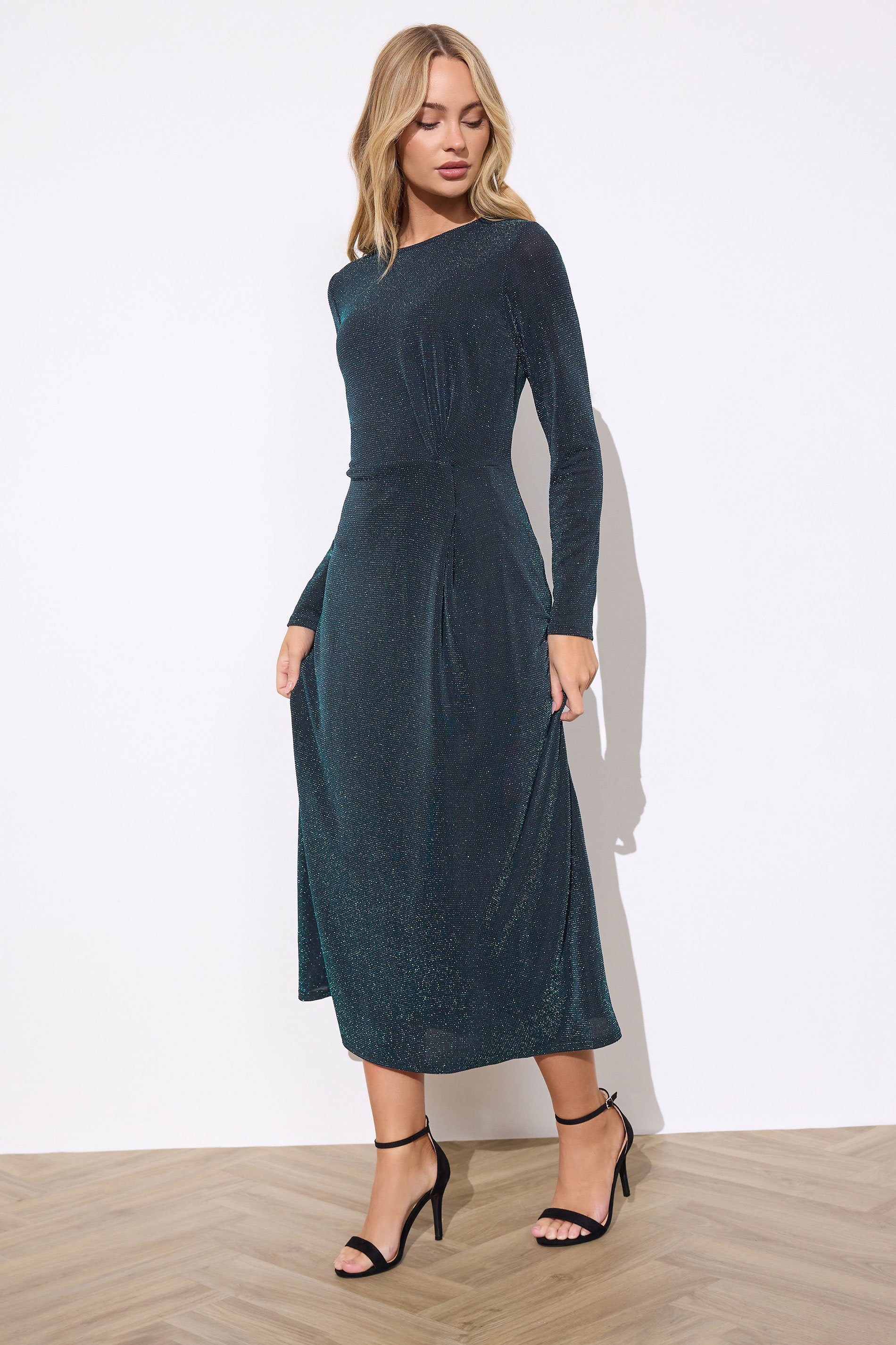 M&Co Teal Green Metallic Twist Front Midi Dress | M&Co 3