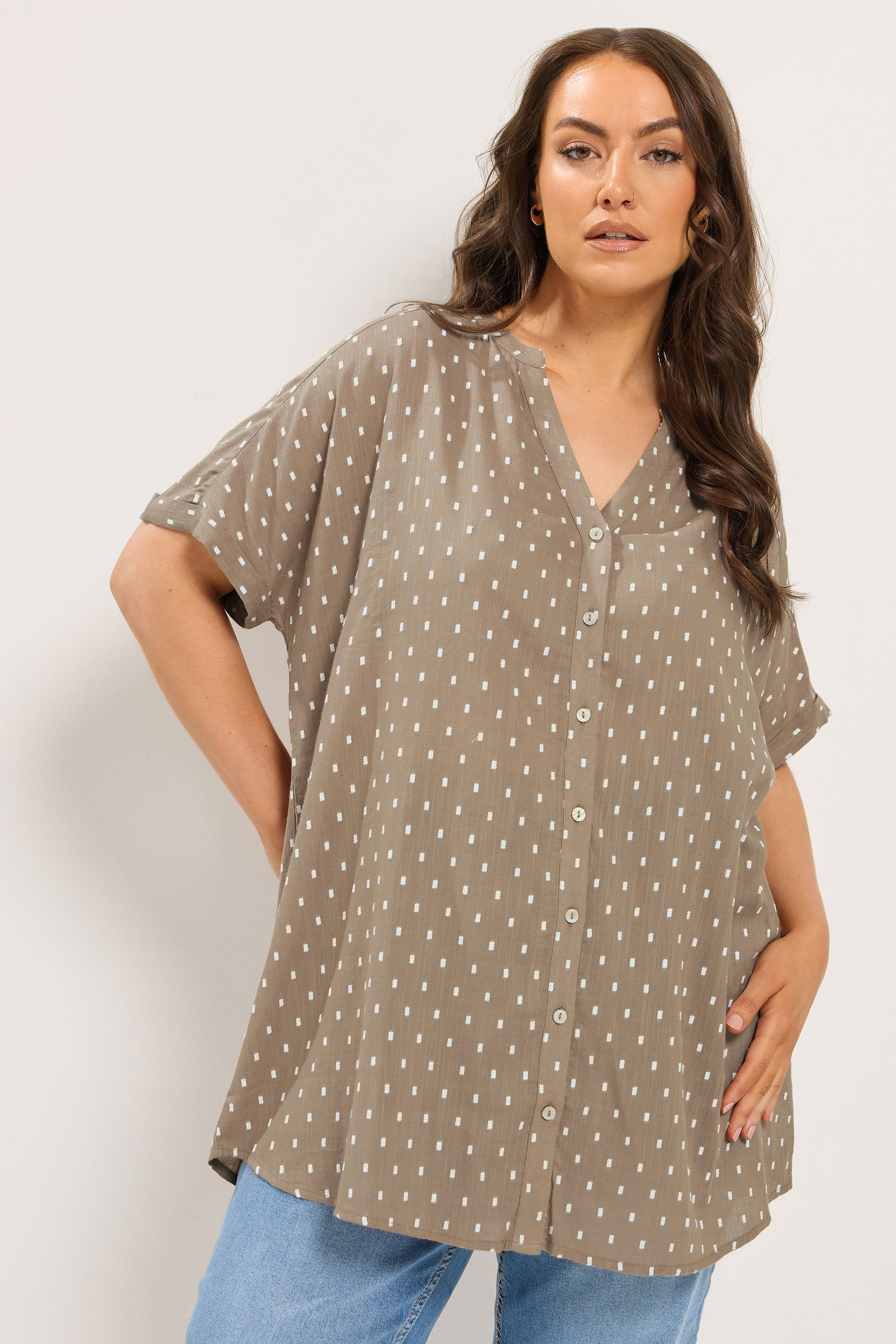 YOURS Curve Mocha Brown Notch Neck Dobby Blouse | Yours Clothing 3