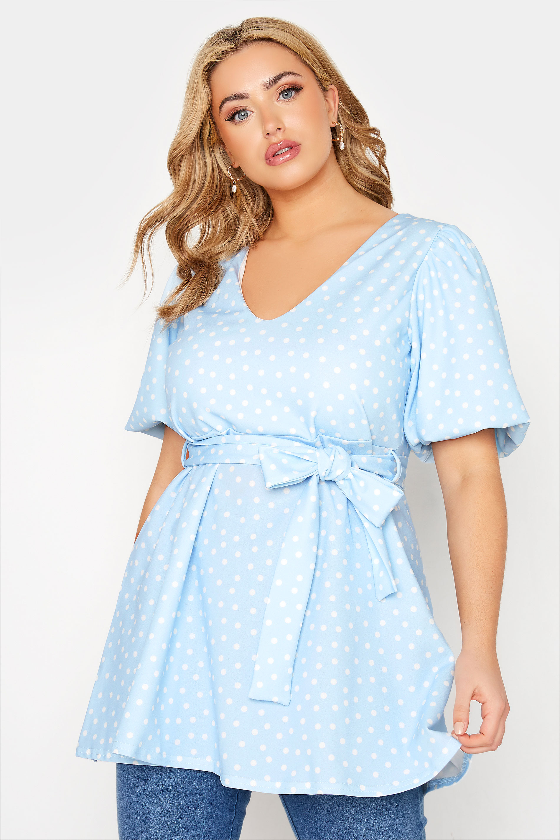 YOURS LONDON Curve Blue Polka Dot Puff Sleeve Top 1