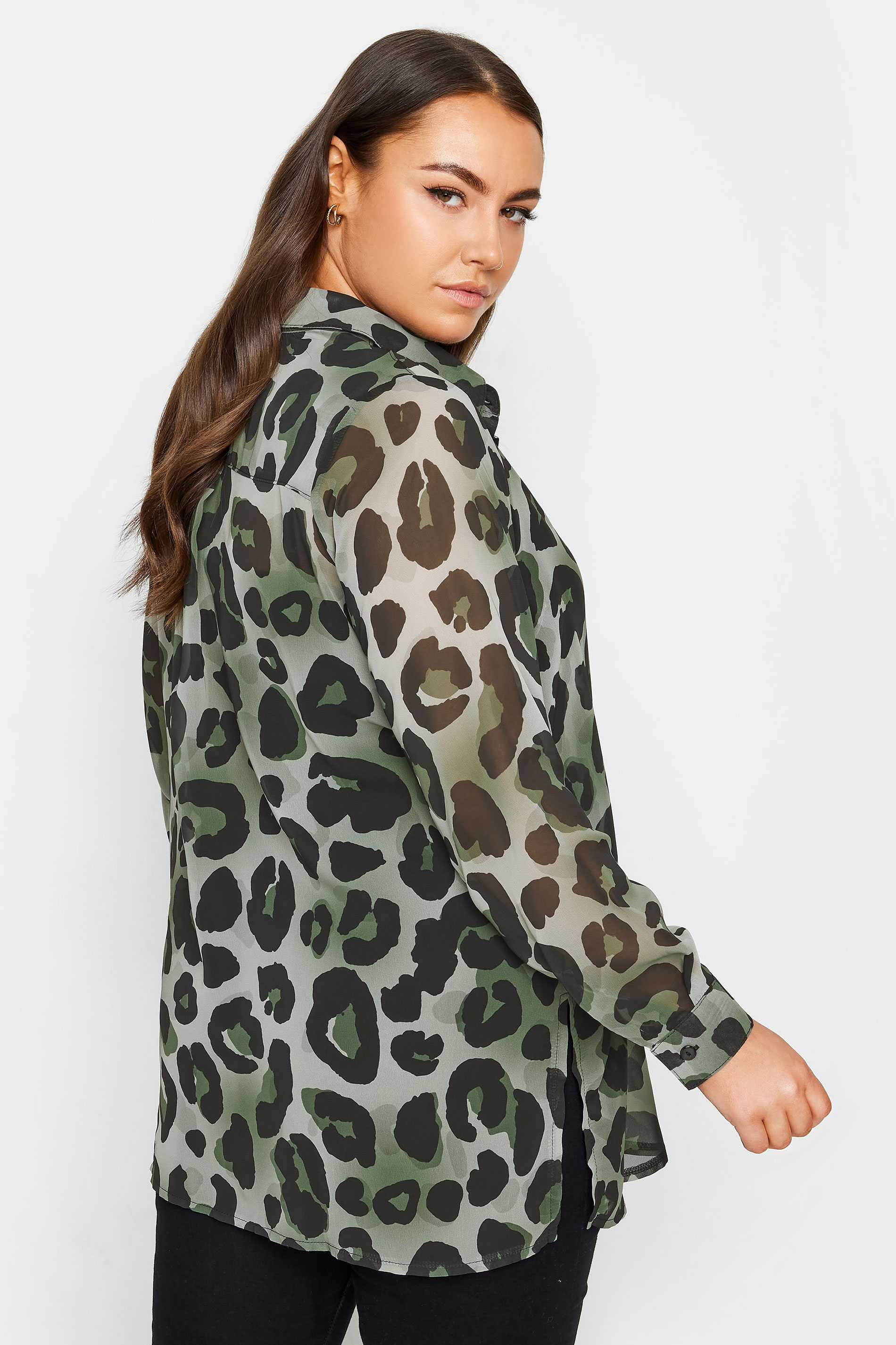 YOURS LONDON Plus Size Green Leopard Print Longline Shirt | Yours Clothing 3
