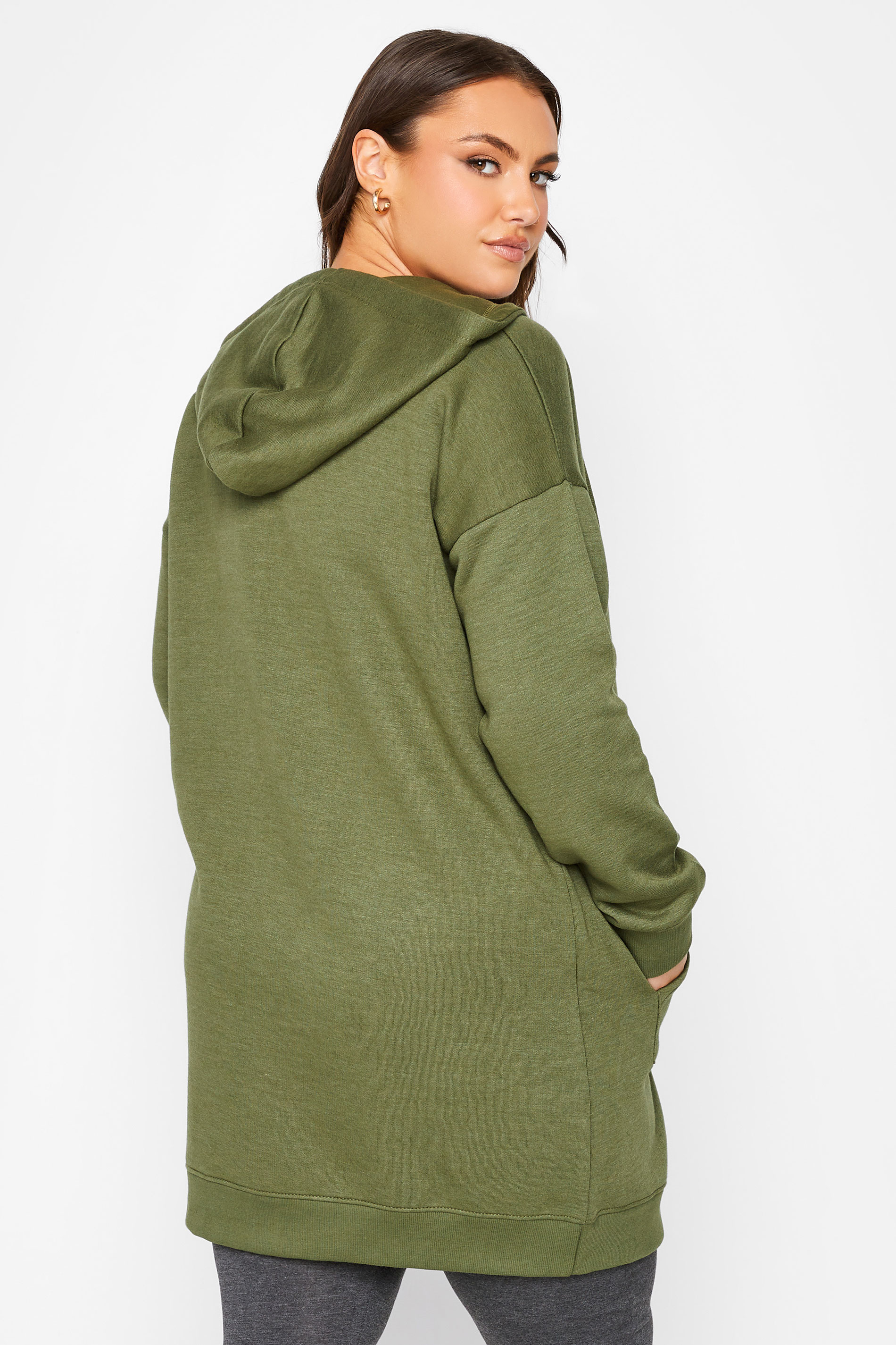 Curve Plus Size Womens Khaki Green Longline Zip Hoodie | Yours Clothing 3