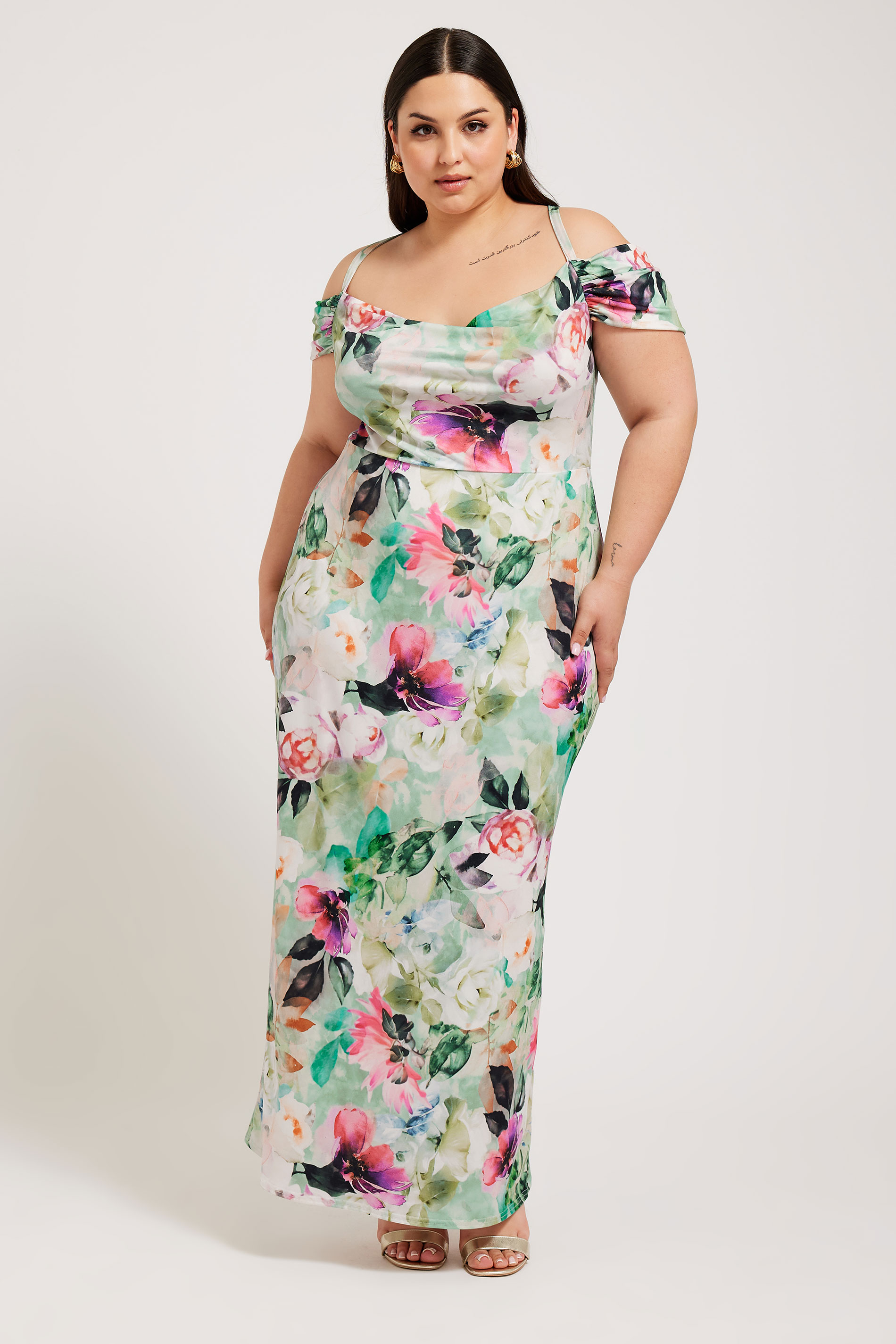 YOURS LONDON Curve Green Floral Print Cold Shoulder Dress | Yours Clothing 1