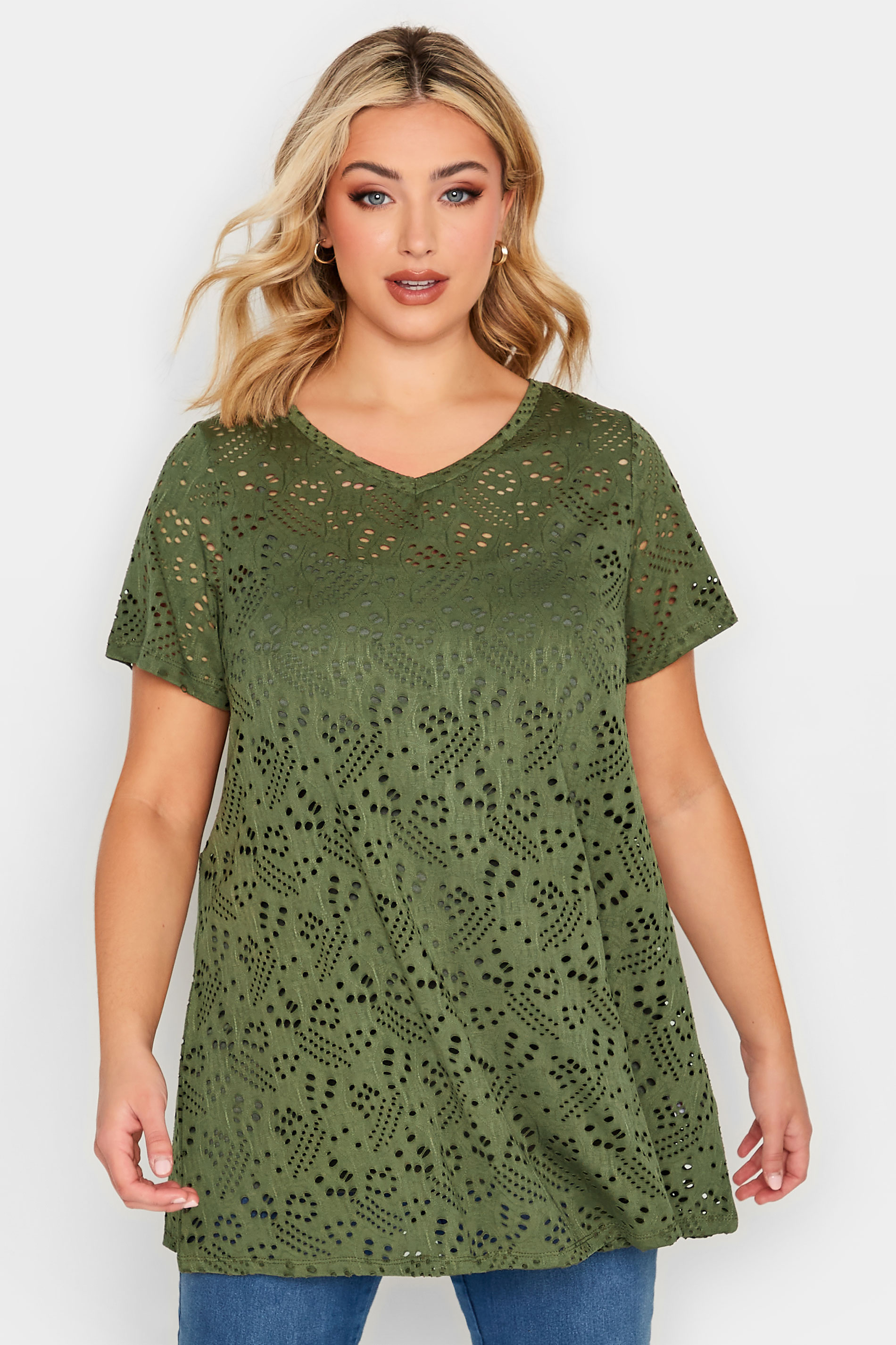 YOURS Curve Plus Size Khaki Green Broderie Anglaise Swing V-Neck T-Shirt | Yours Clothing  1