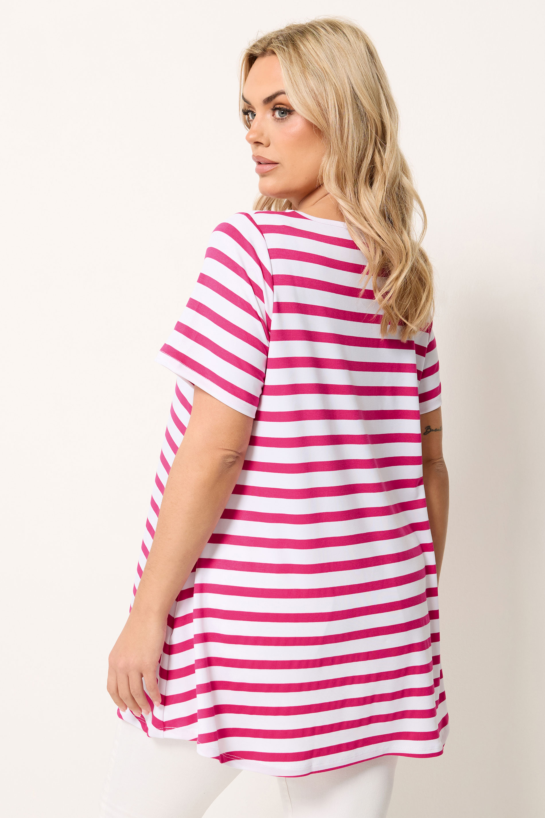 Yours Plus Size Pink Stripe Swing T-Shirt | Yours Clothing 2