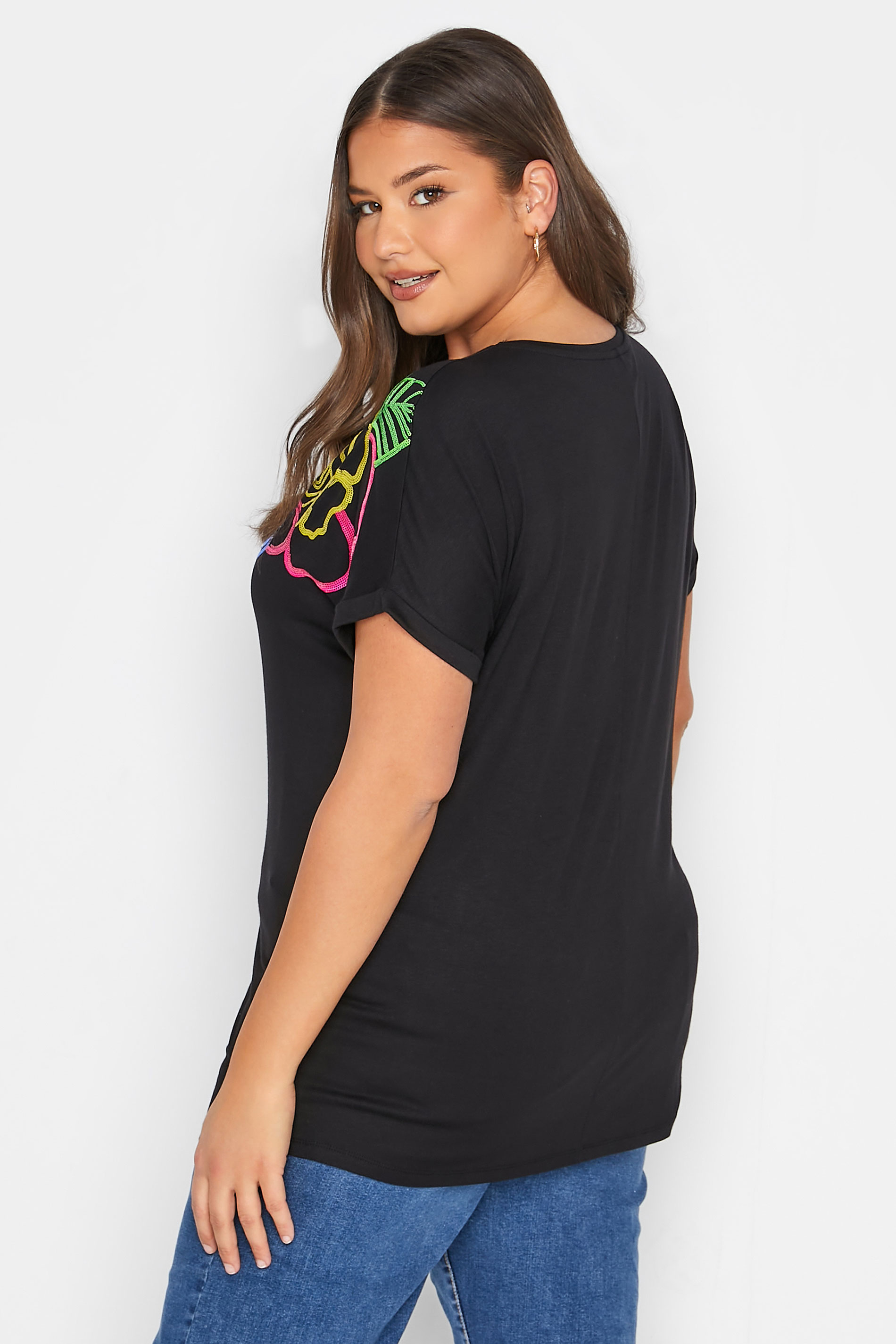 Grande taille  Tops Grande taille  T-Shirts | T-Shirt Noir Floral Empiècement Sequins - DF31354