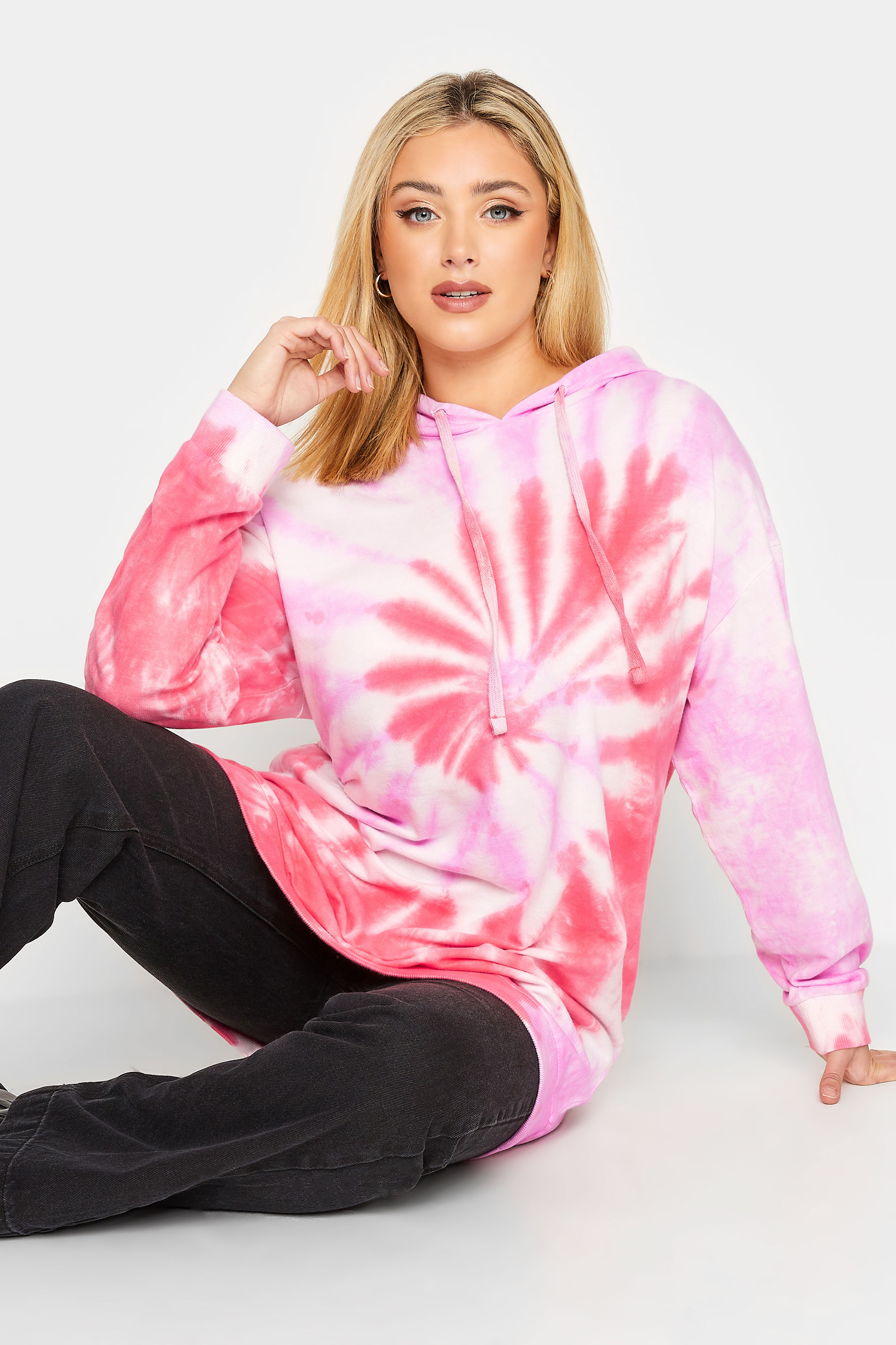 YOURS Curve Bright Pink Tie Dye Hoodie | Yours Clothing 1
