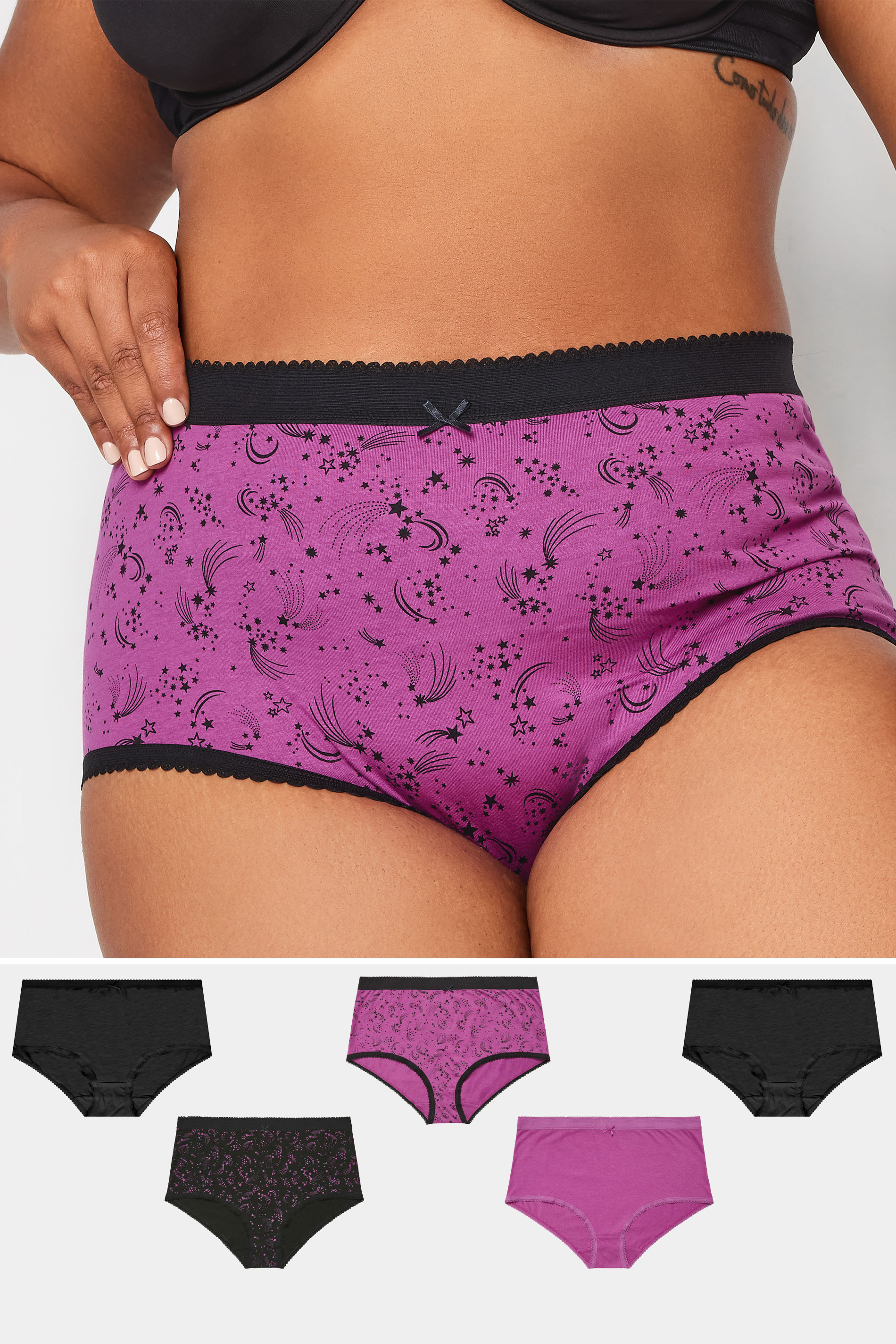 YOURS 5 PACK Plus Size Black & Purple Shooting Star Print High Waisted Full Briefs | Yours Clothing 1