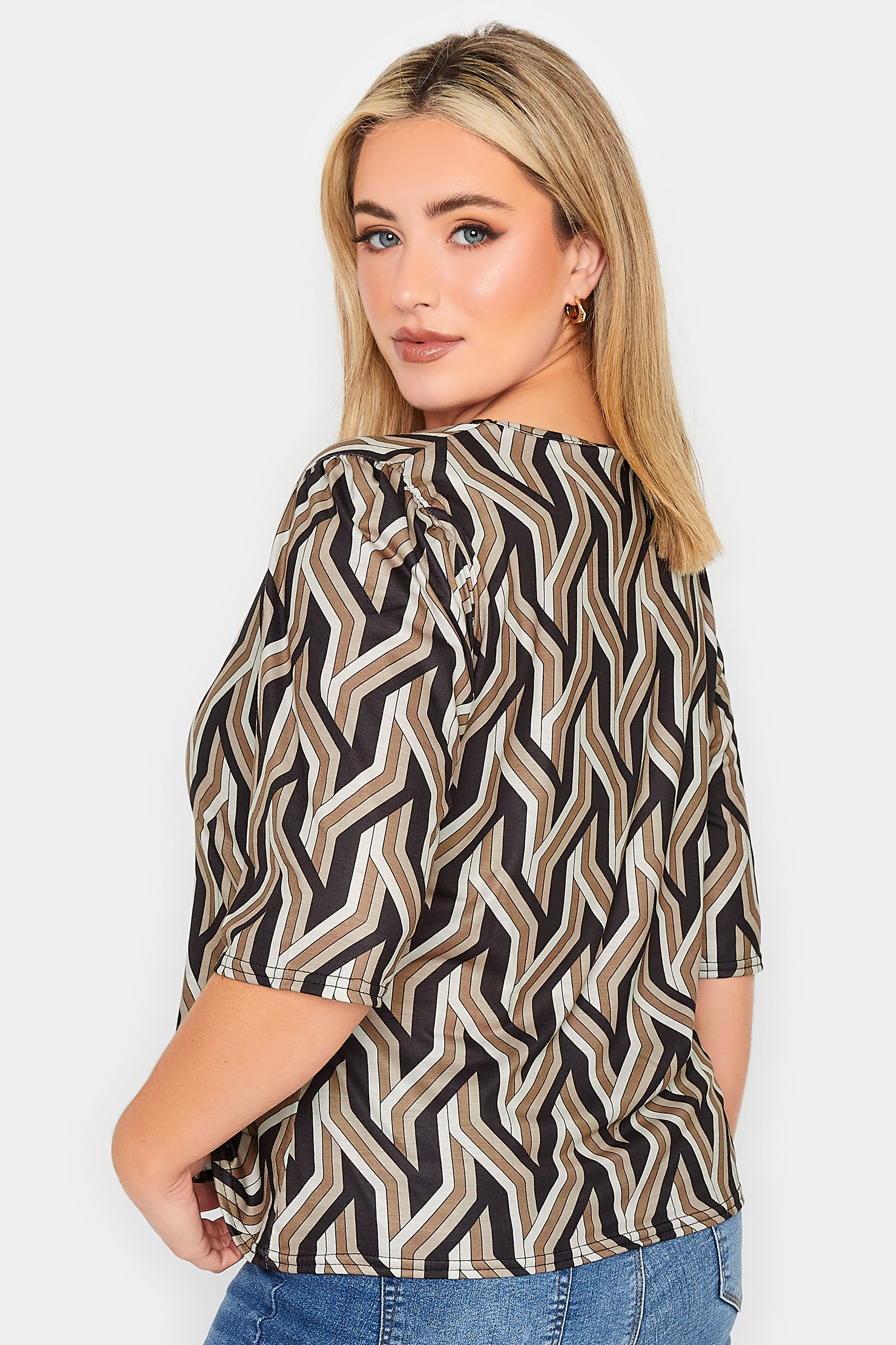 YOURS PETITE Plus Size Brown & Black Geometric Print T-Shirt | Yours Clothing 3